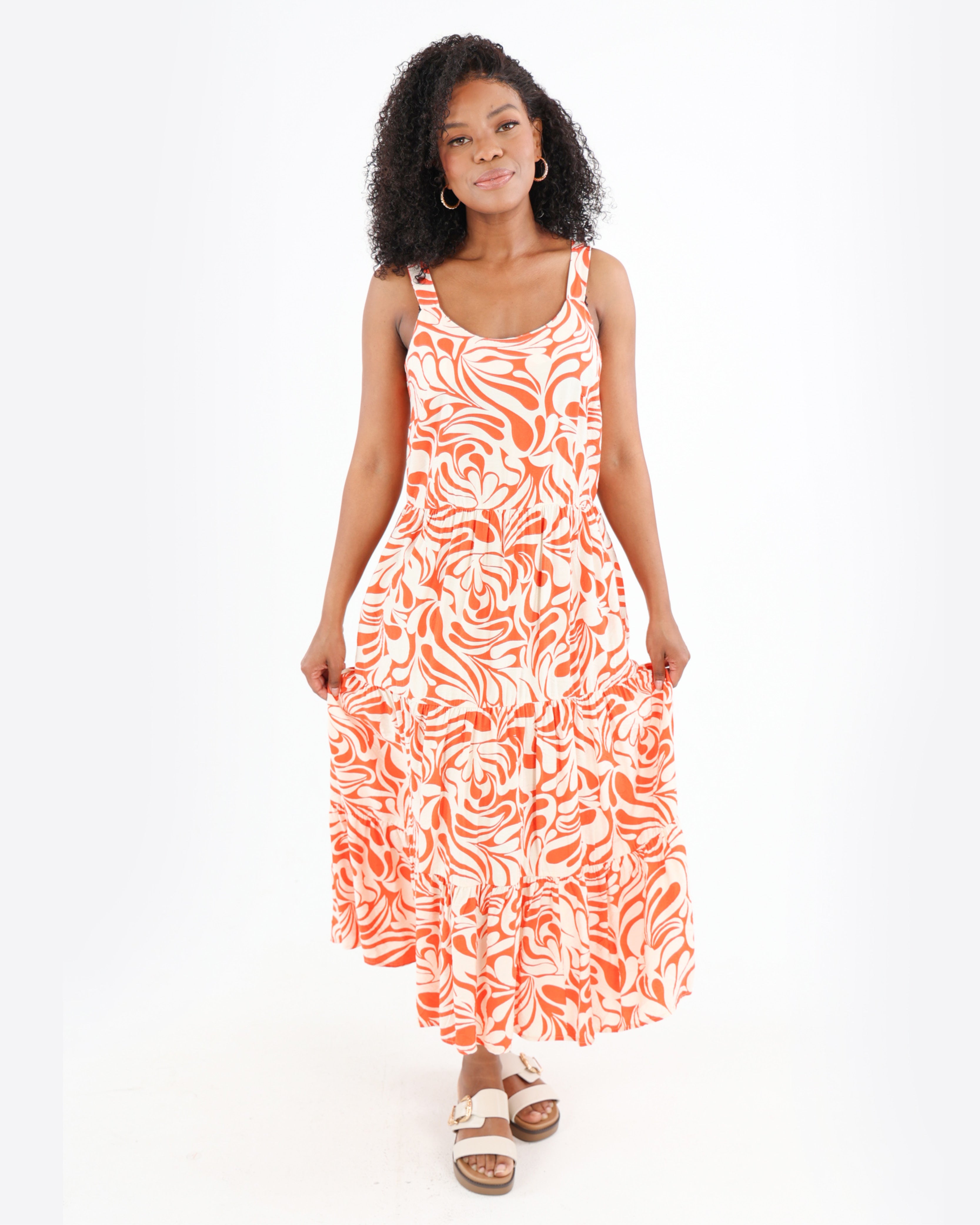 Orange Tiered Printed Maxi Dress