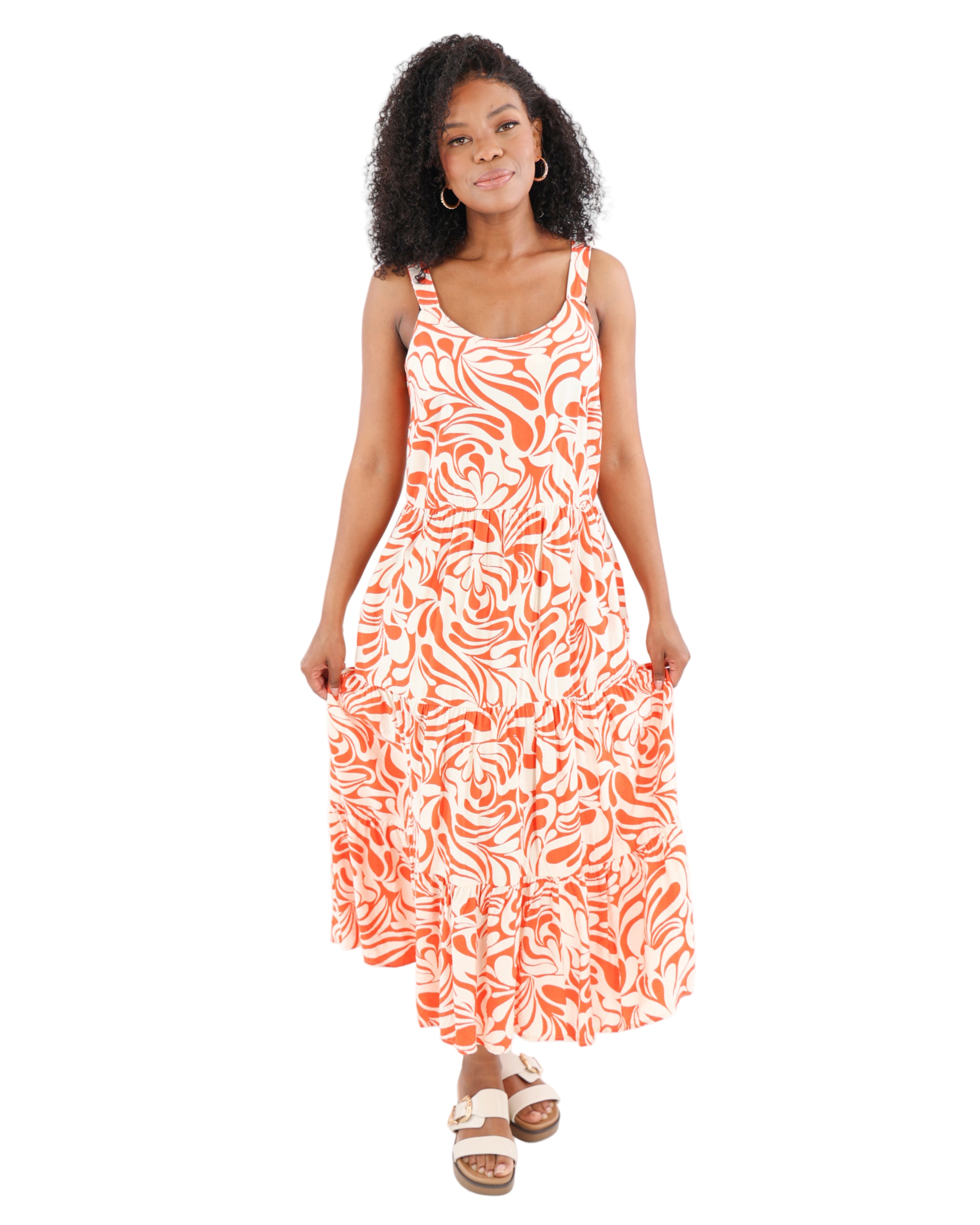 Orange Tiered Printed Maxi Dress
