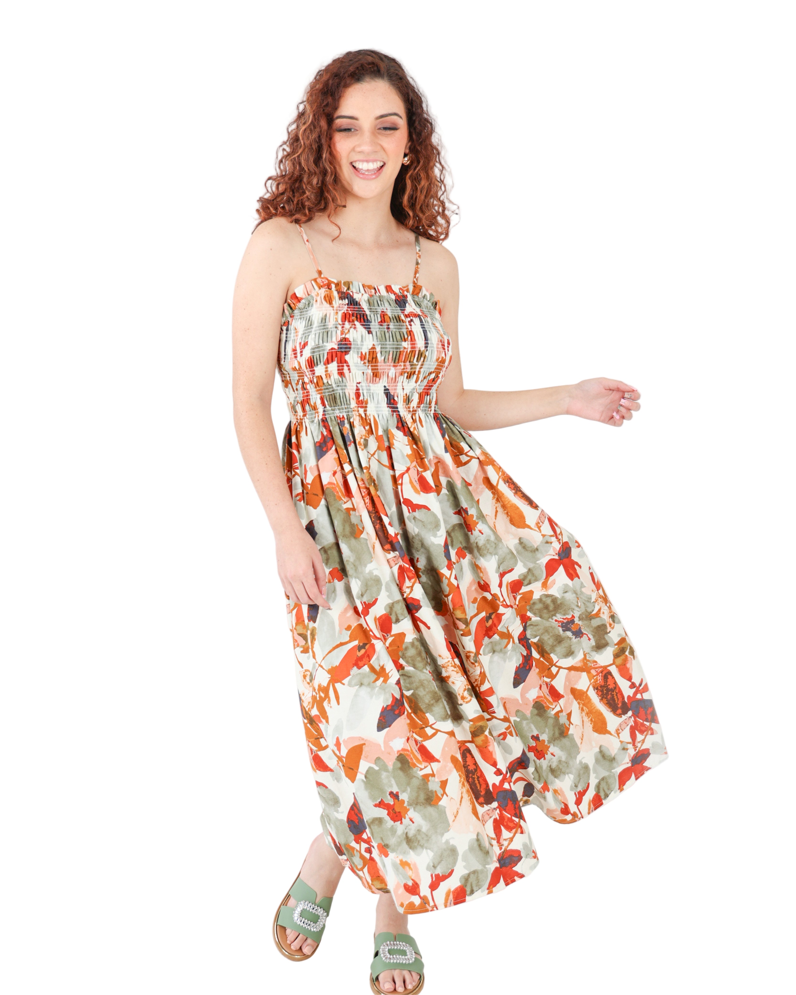 Rust Ruched Bodice Printed Strappy Maxi Dress