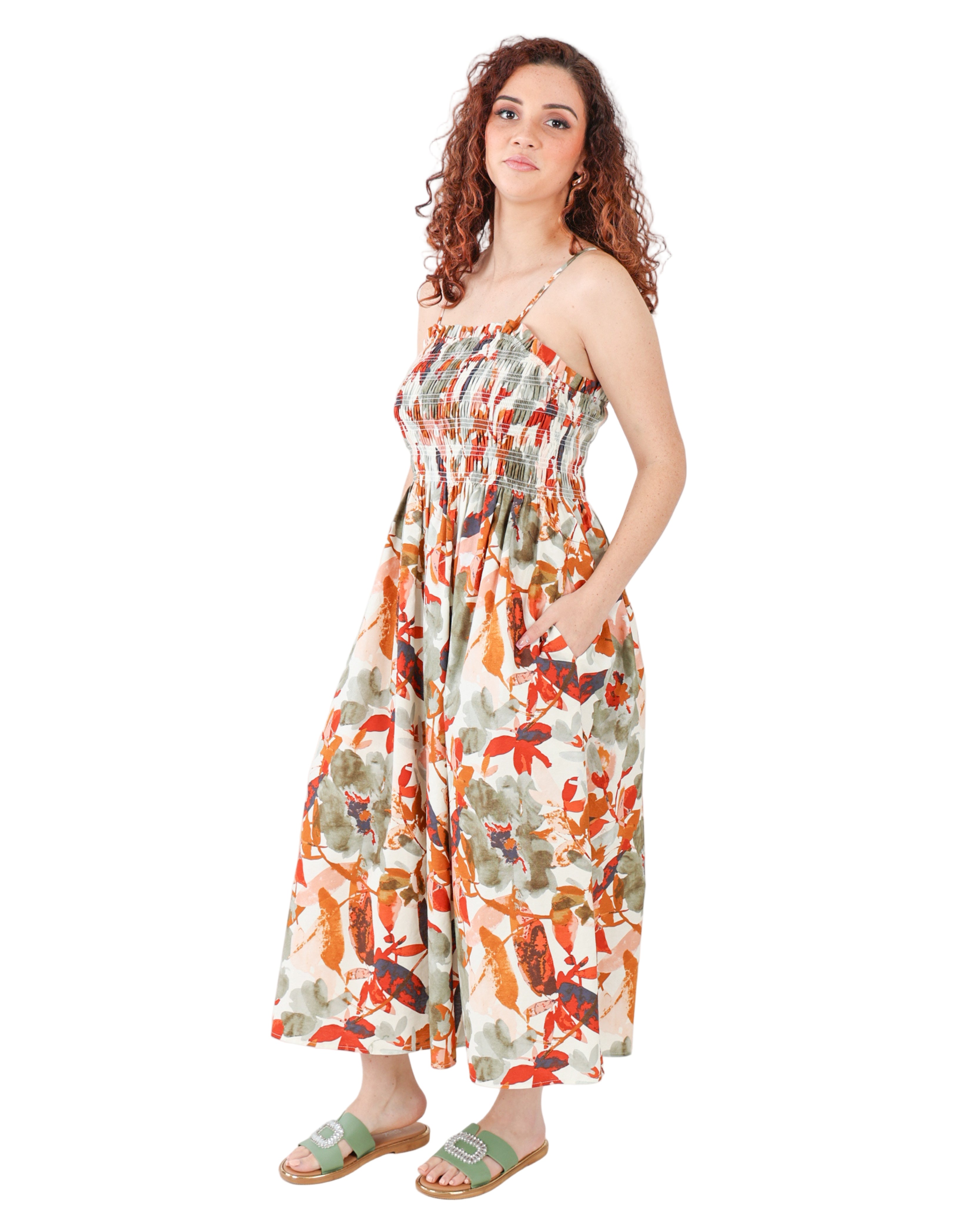 Rust Ruched Bodice Printed Strappy Maxi Dress