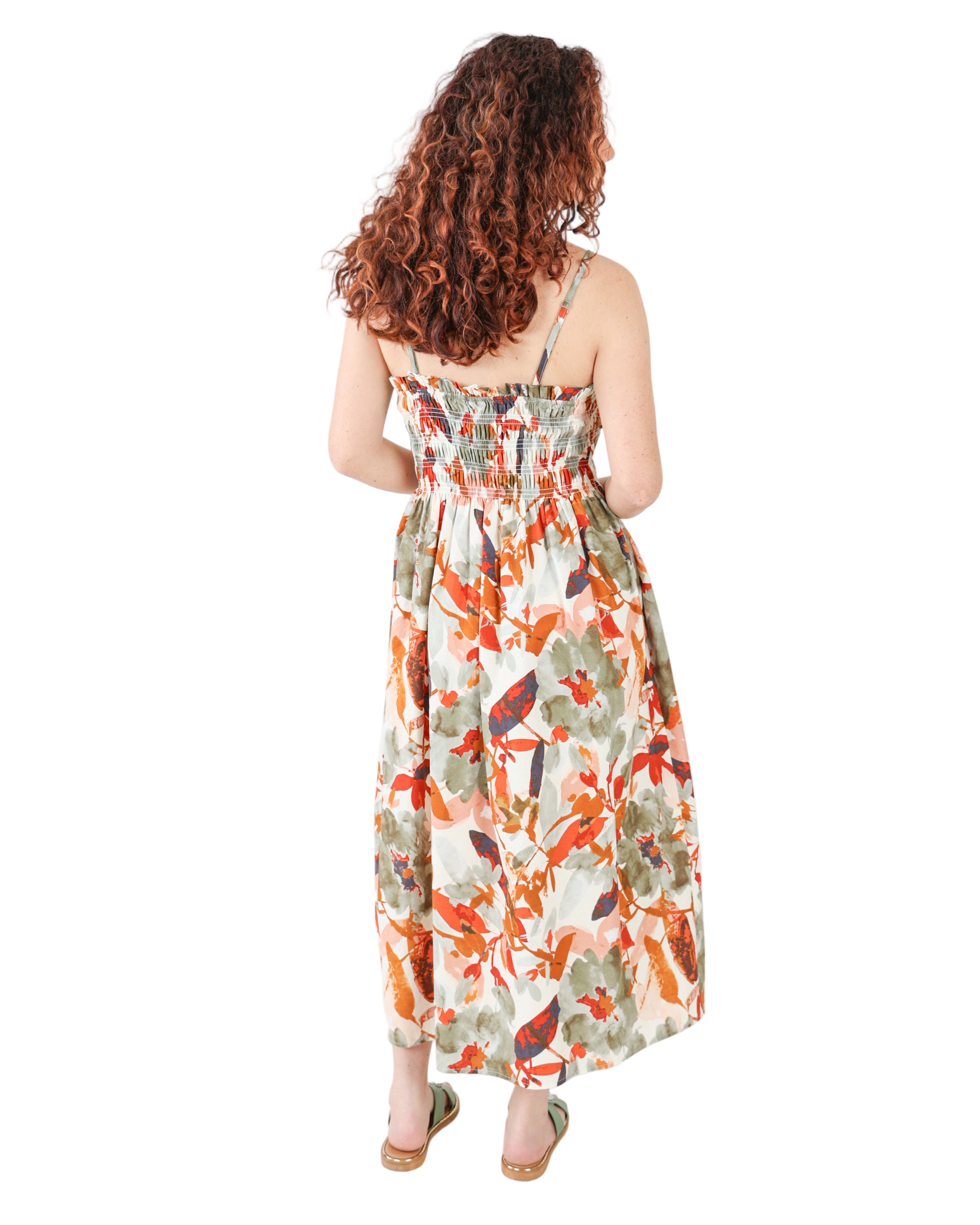 Rust Ruched Bodice Printed Strappy Maxi Dress