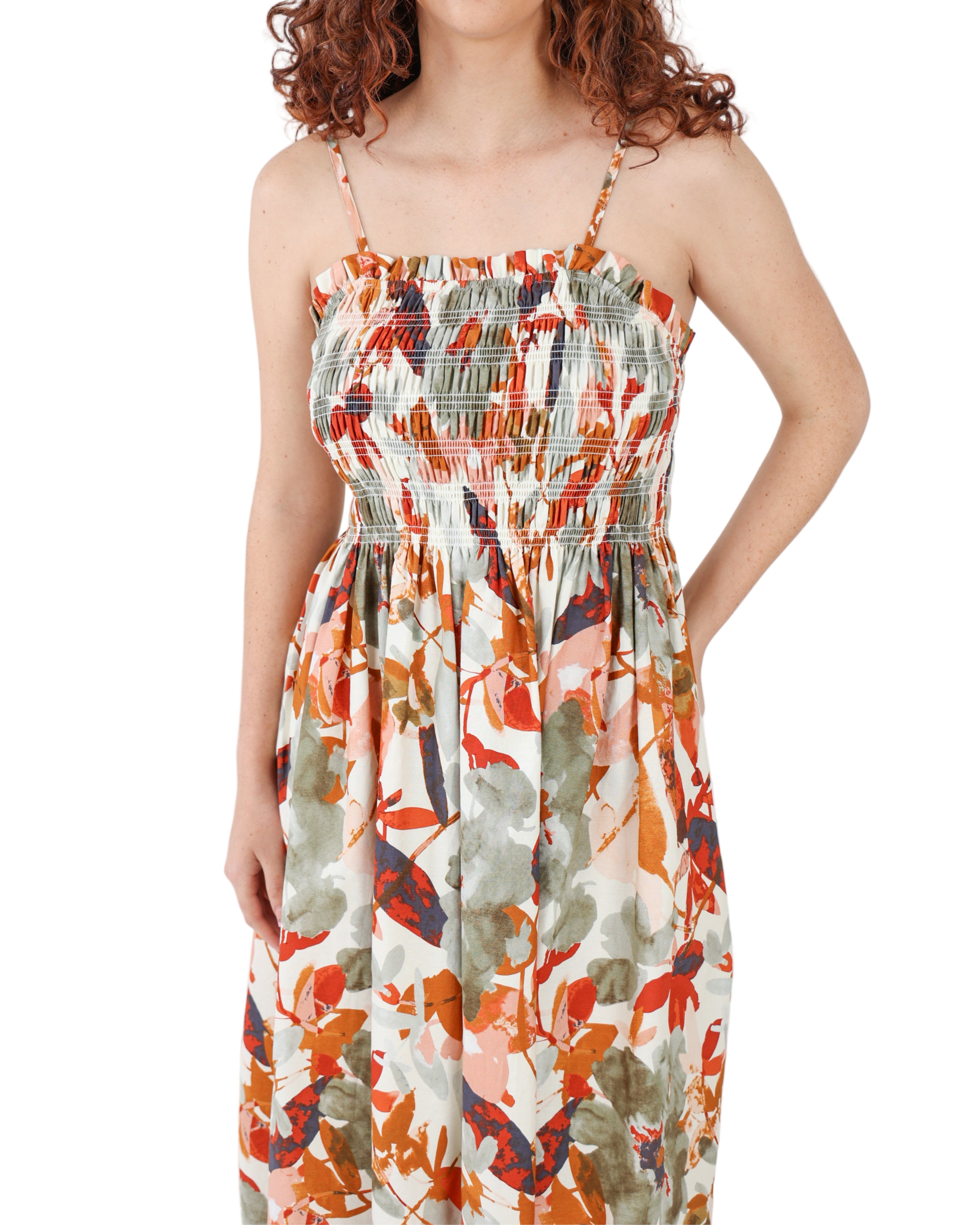 Rust Ruched Bodice Printed Strappy Maxi Dress