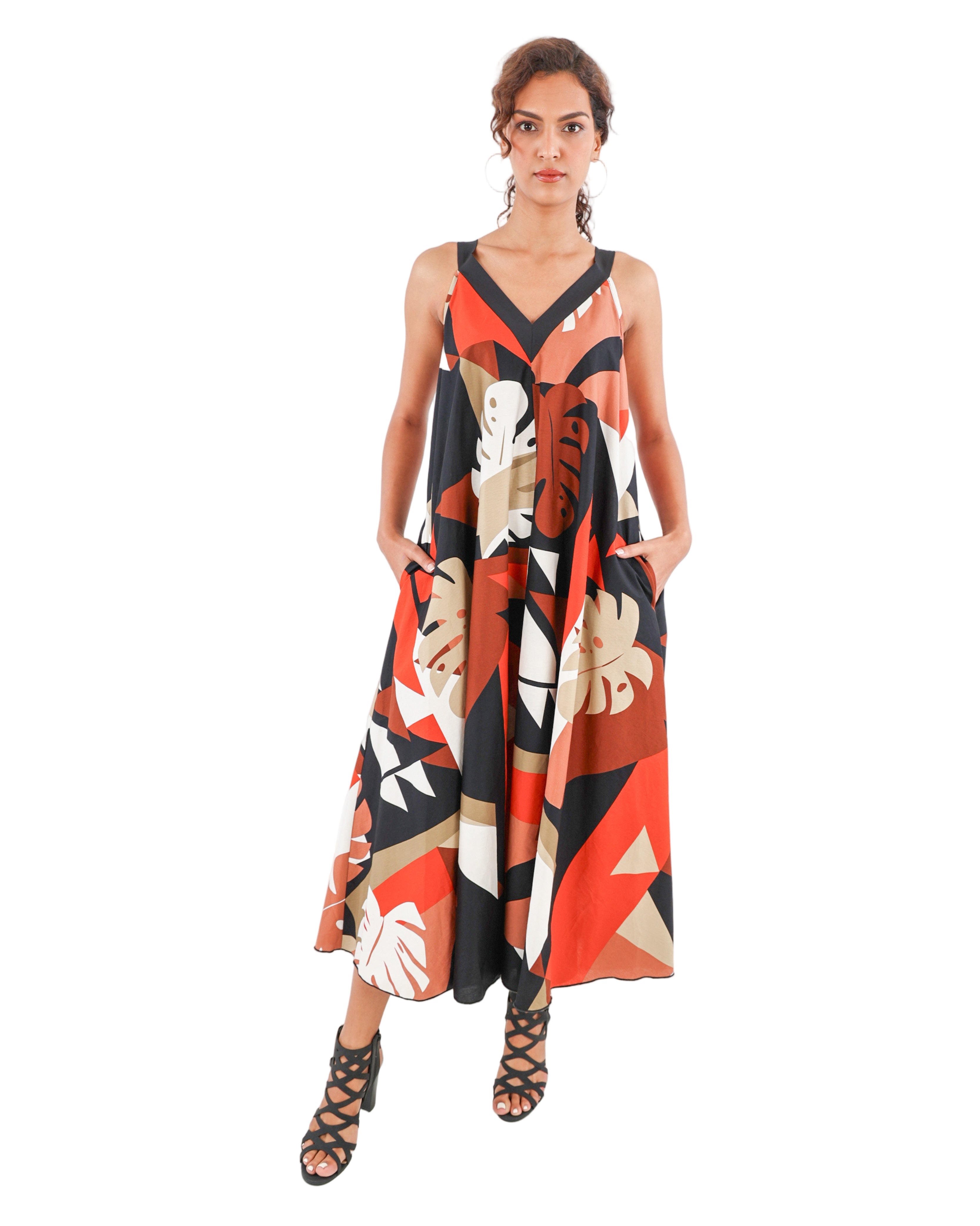 Rust V-Neck Flared Maxi Dress