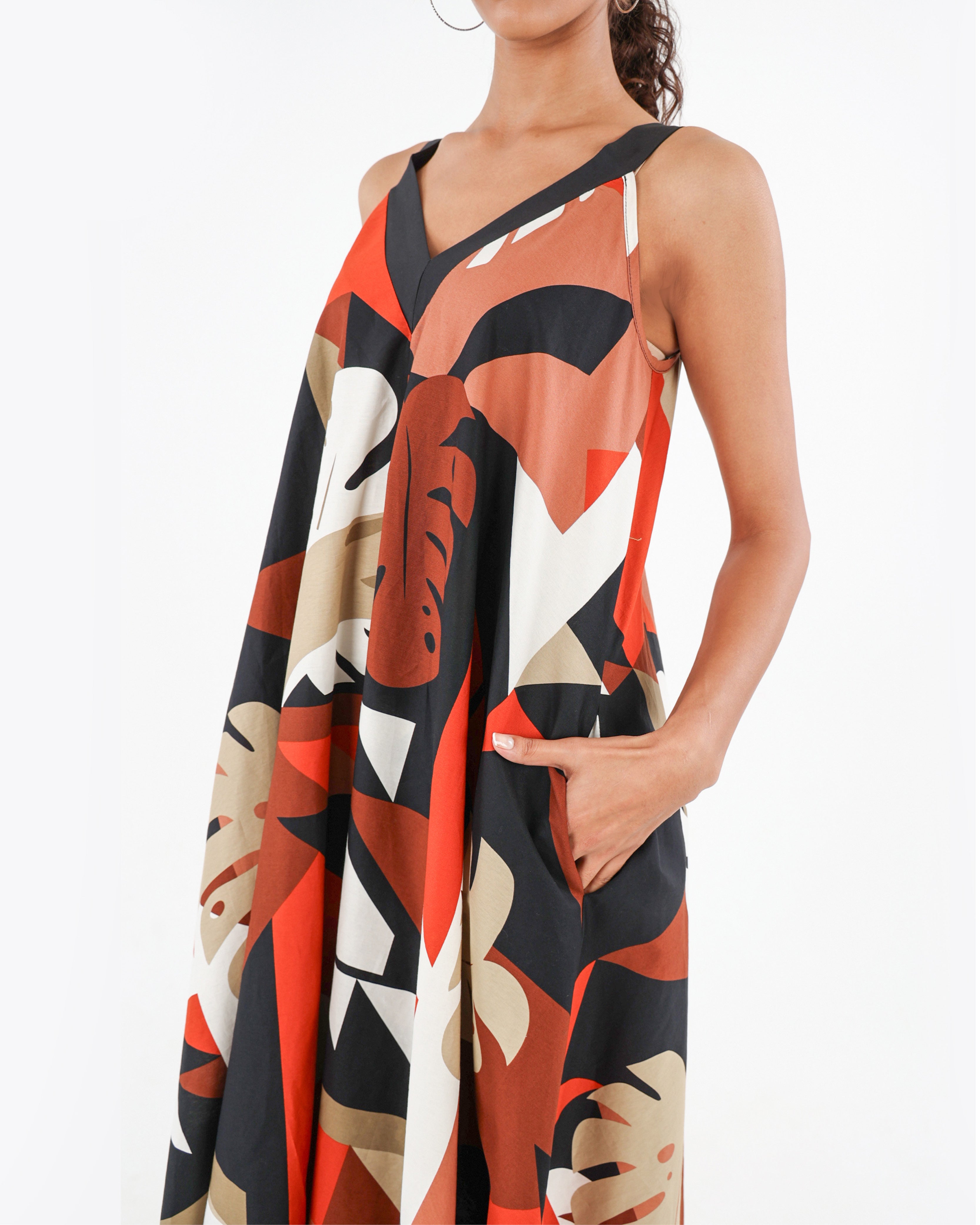 Rust V-Neck Flared Maxi Dress