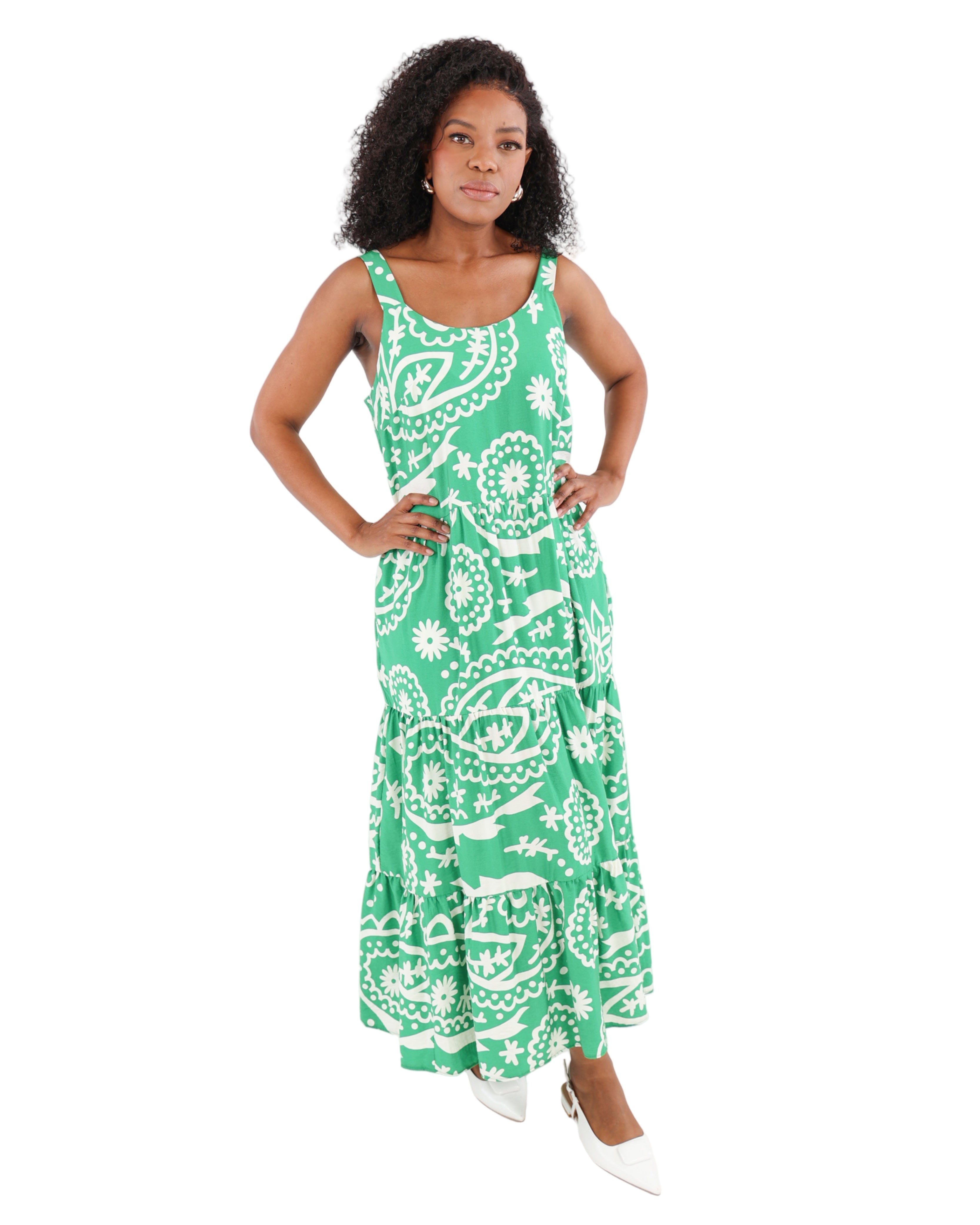 Green Tiered Printed Maxi Dress