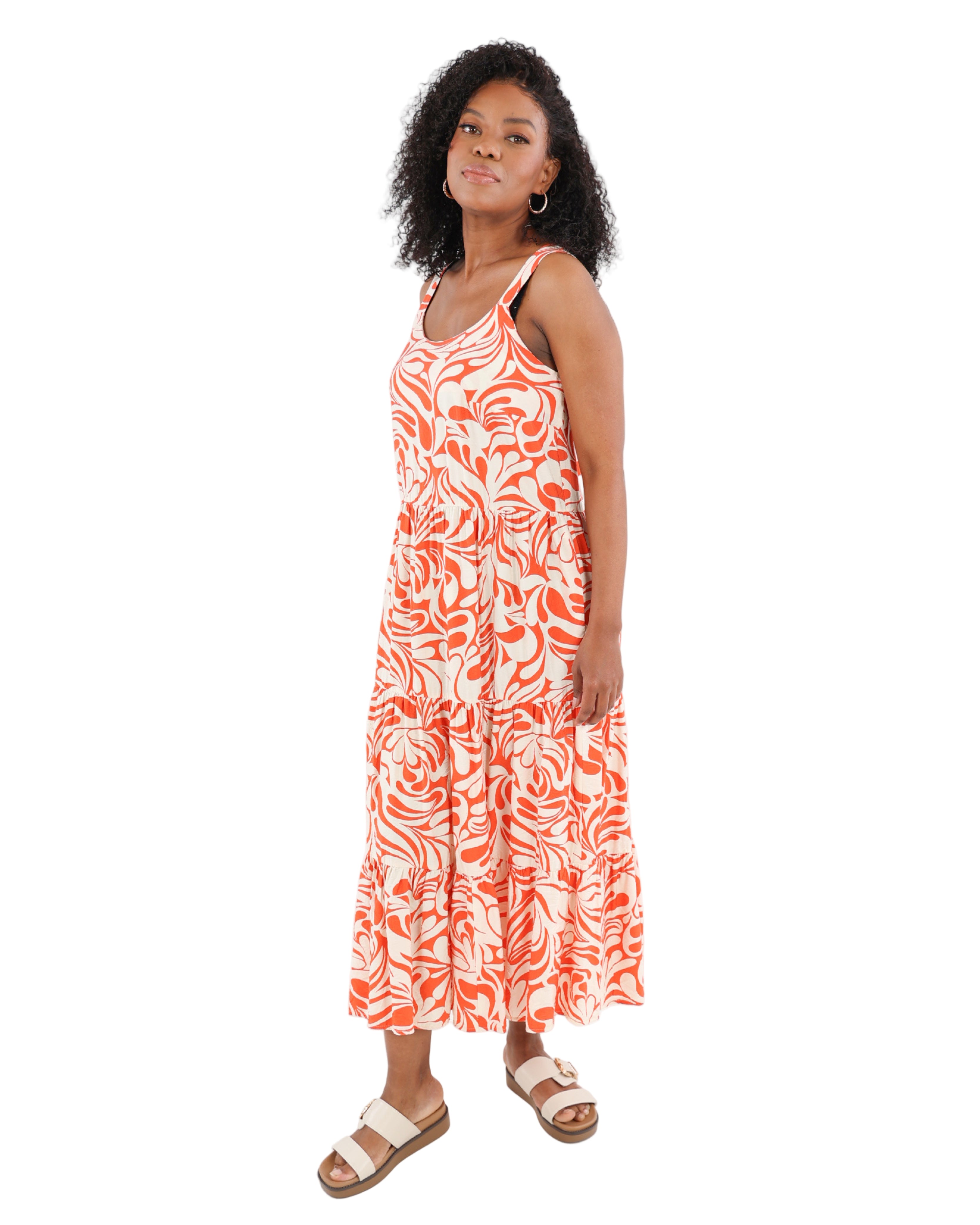Orange Tiered Printed Maxi Dress