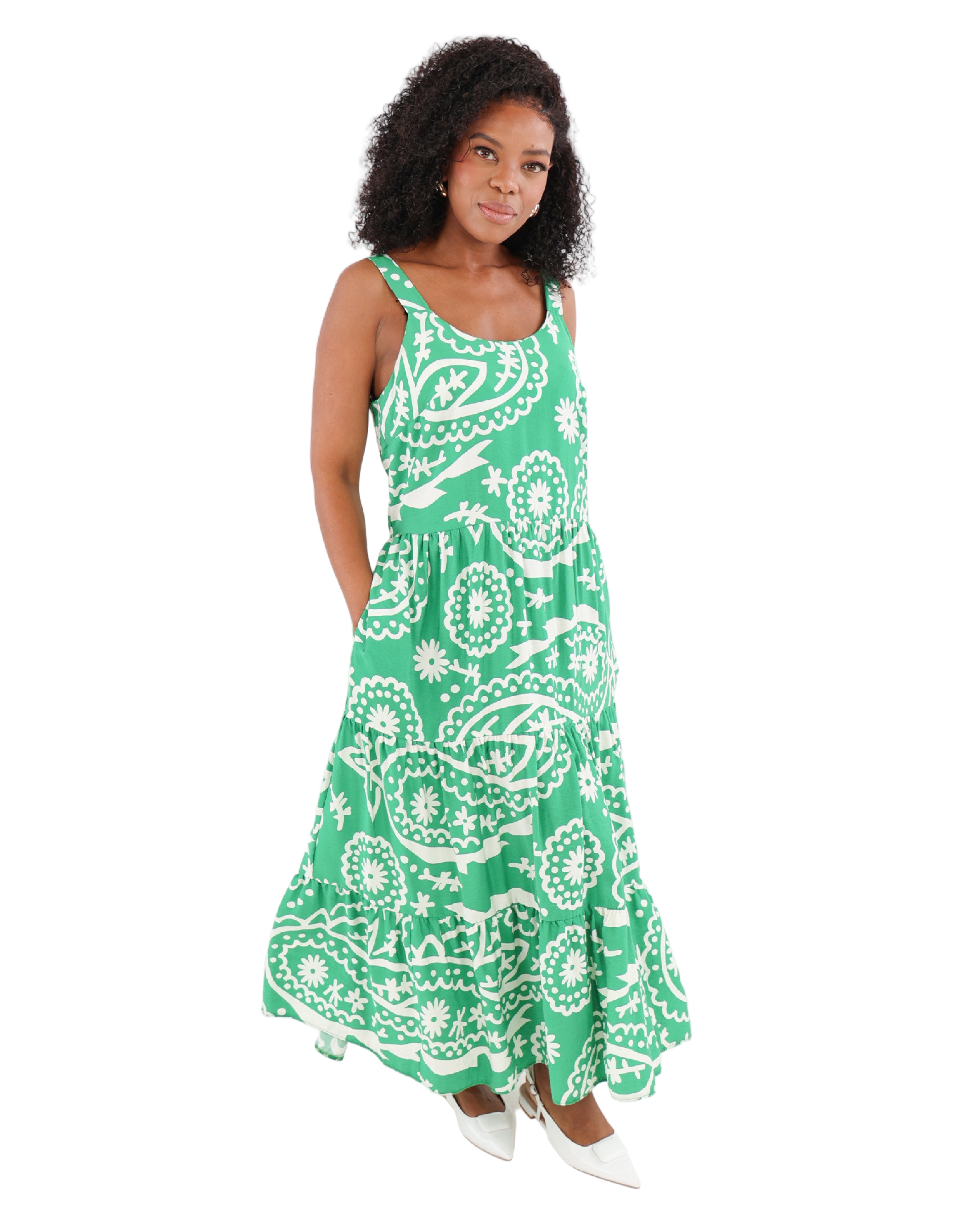 Green Tiered Printed Maxi Dress