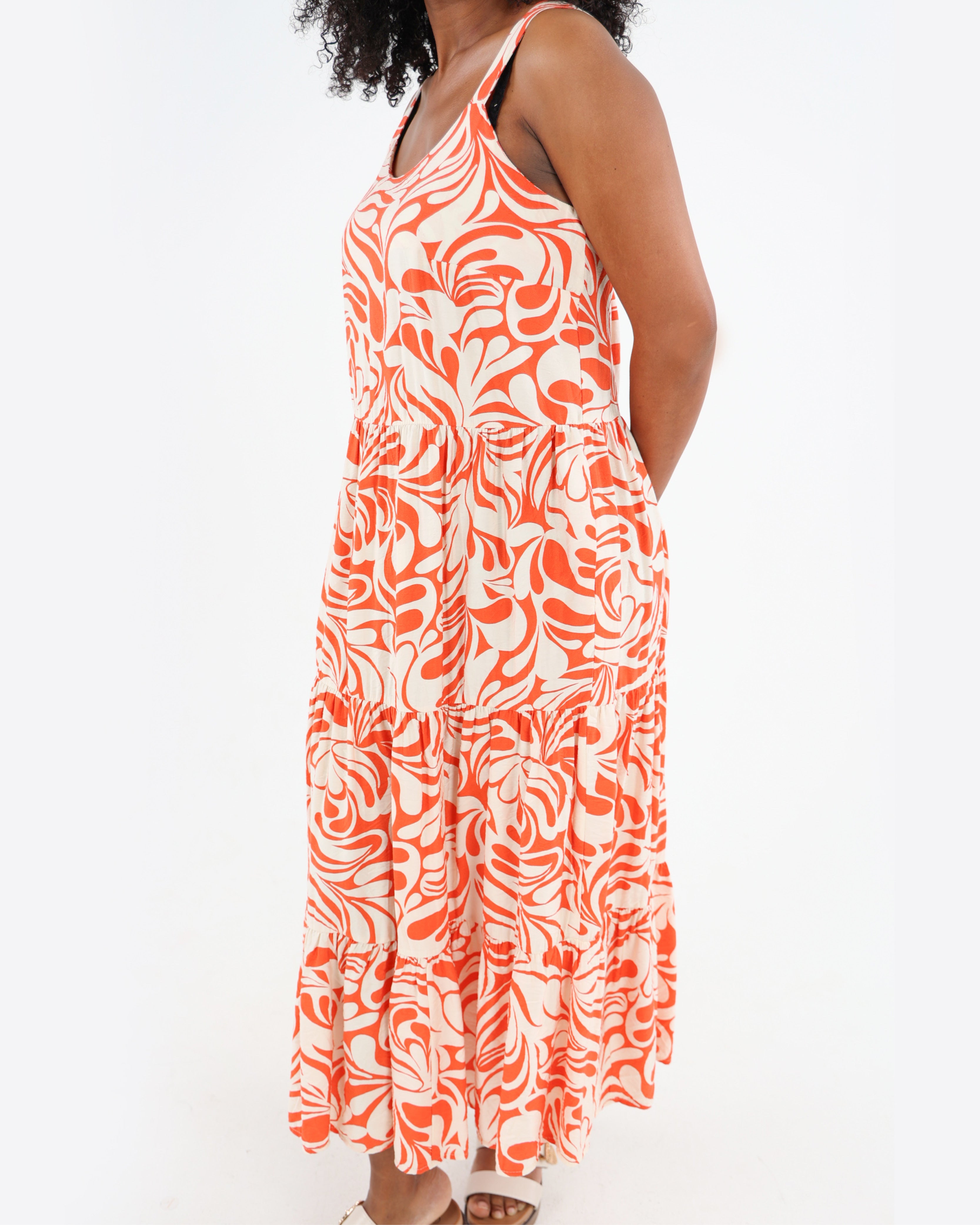 Orange Tiered Printed Maxi Dress