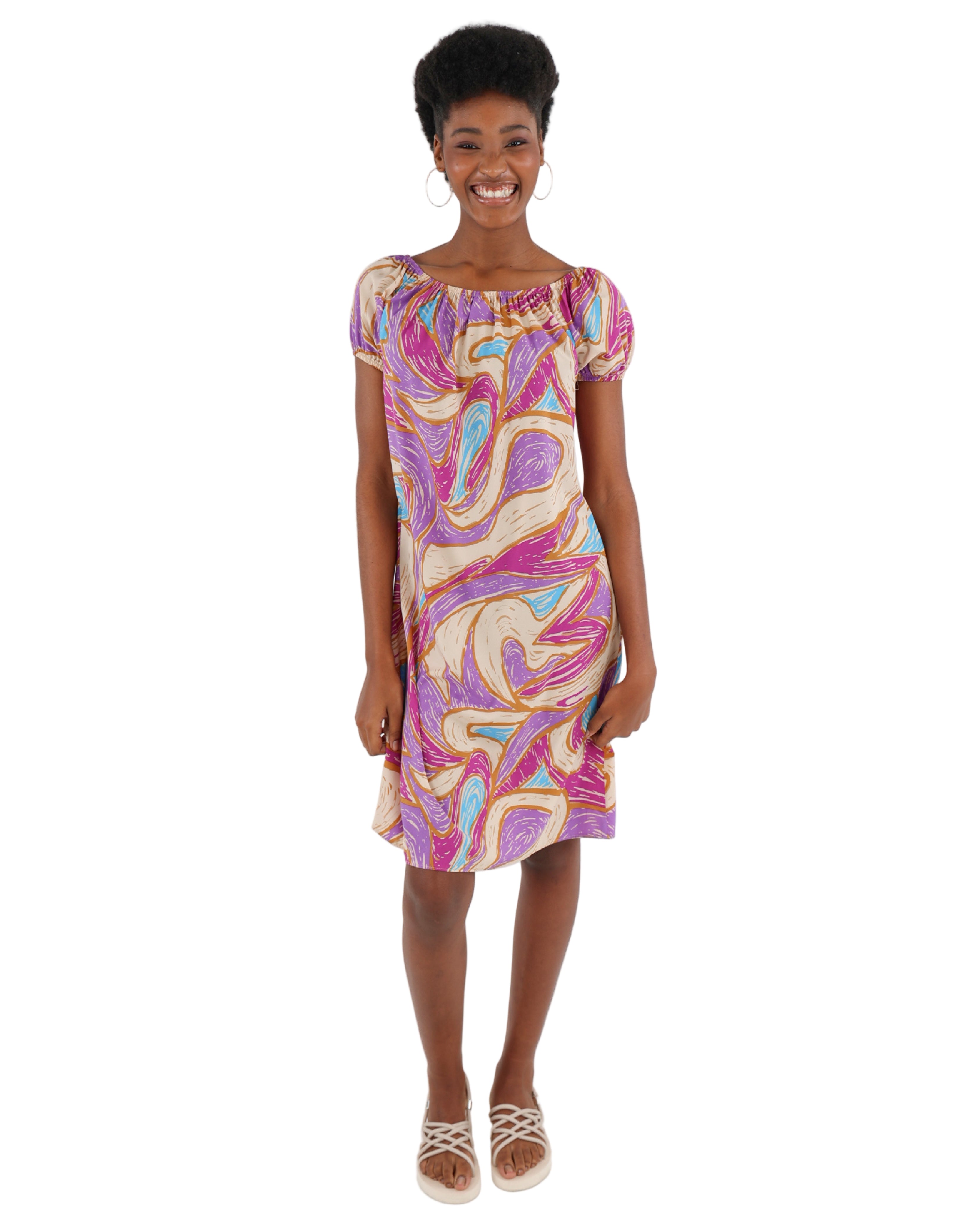 Short Puff Sleeve Abstract Print Dress