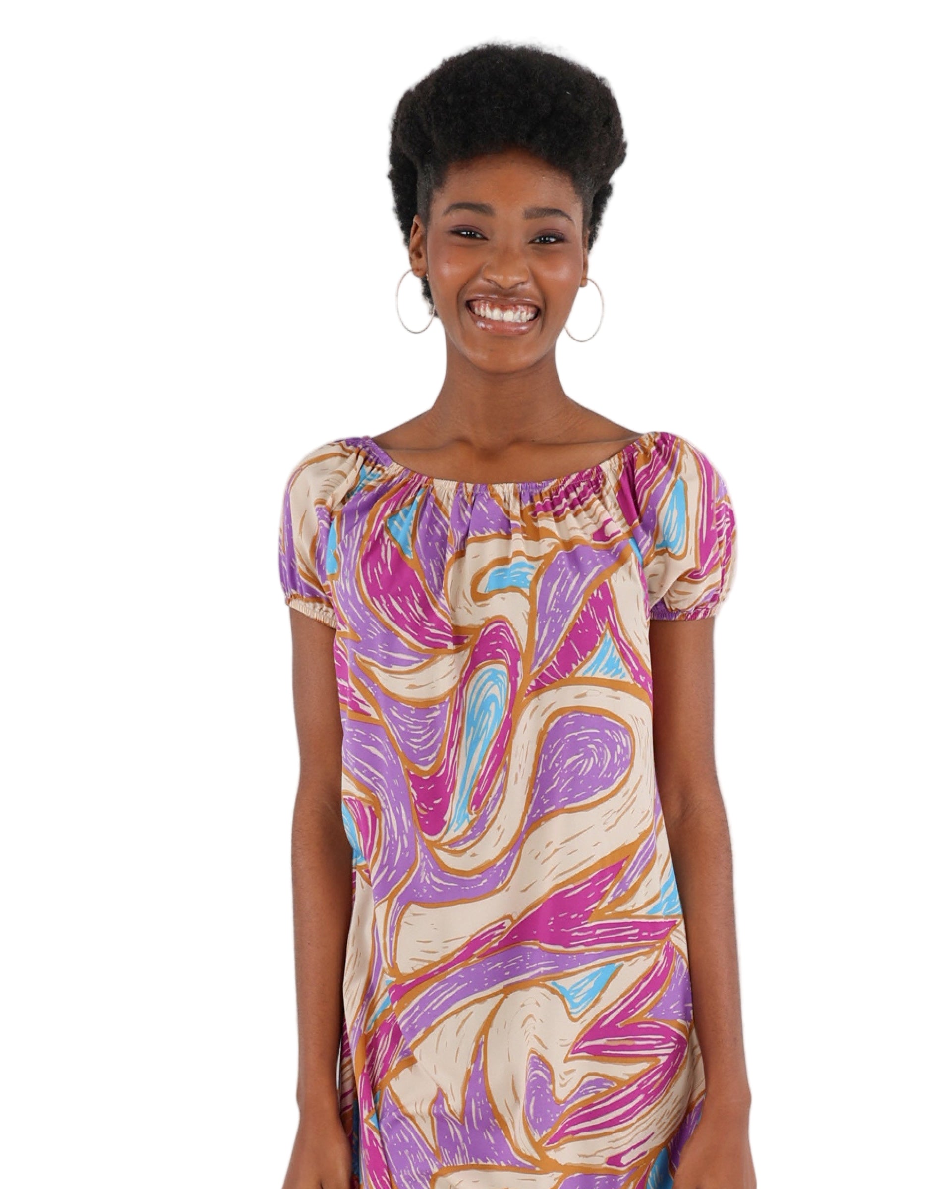 Short Puff Sleeve Abstract Print Dress