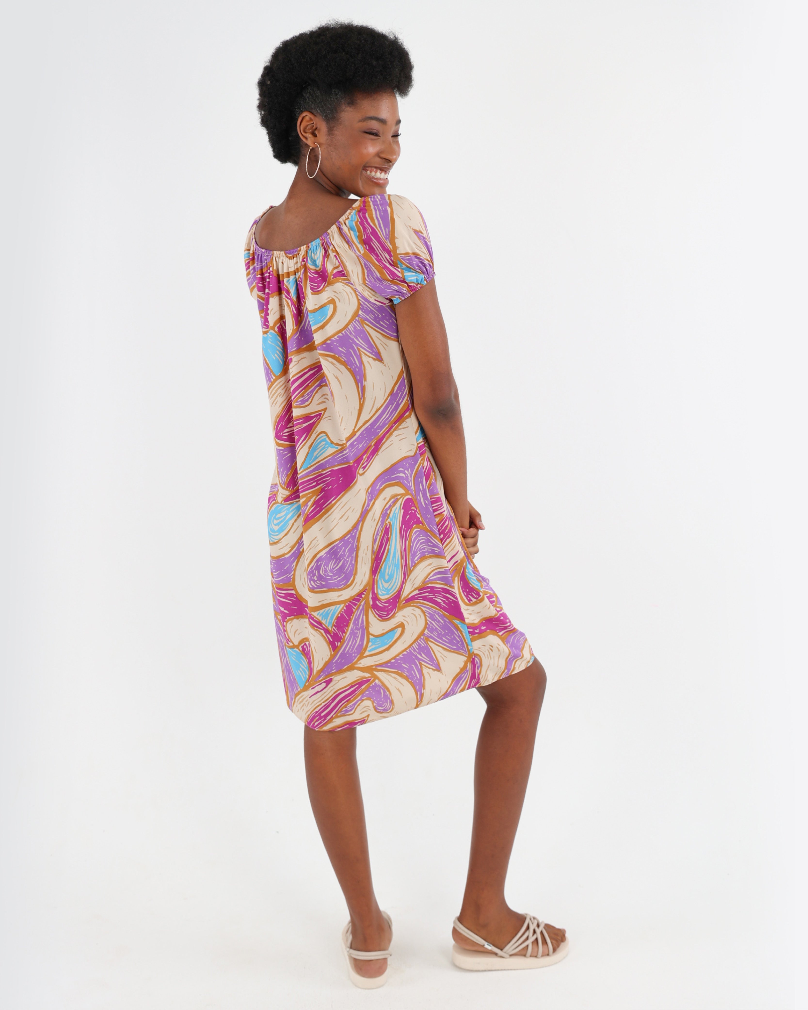Short Puff Sleeve Abstract Print Dress
