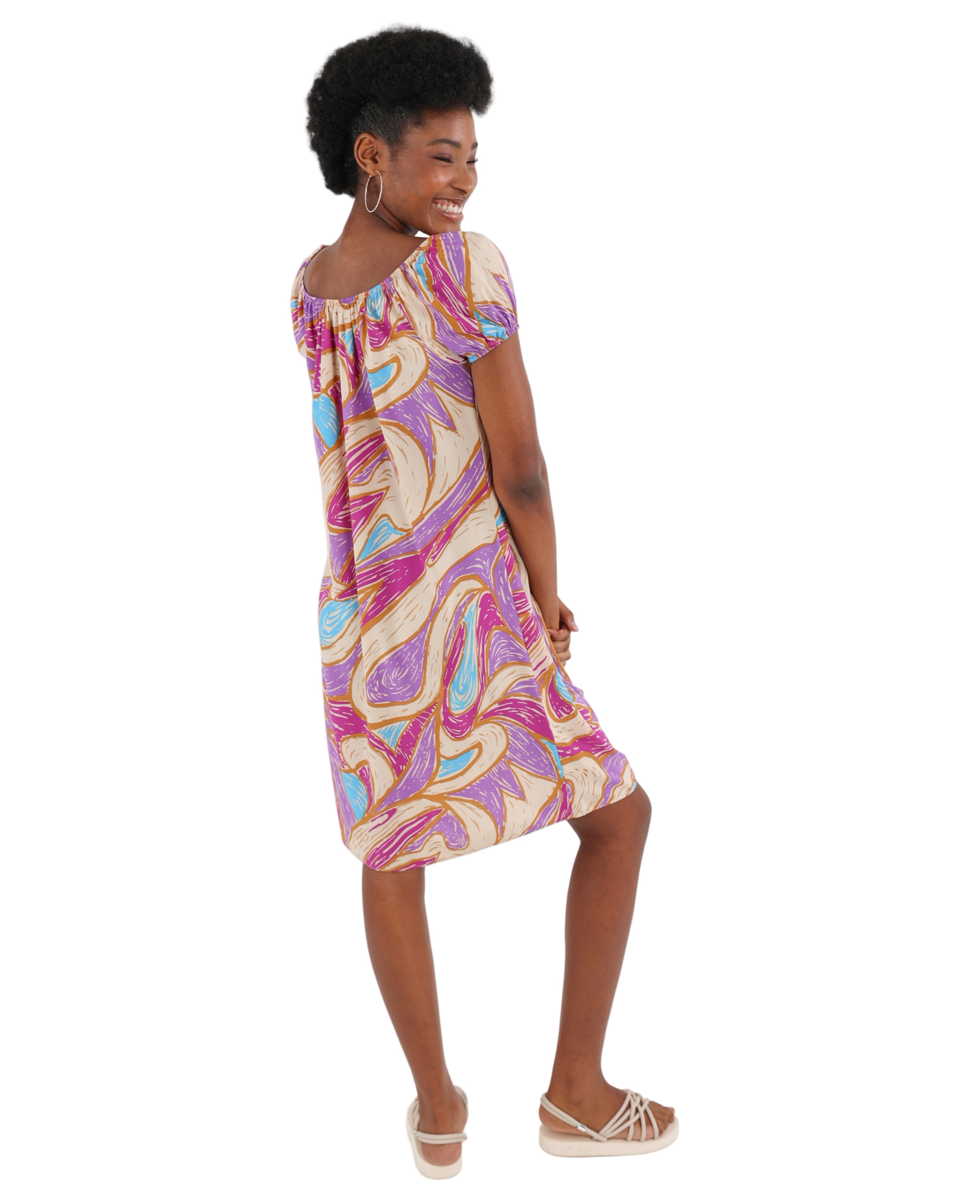 Short Puff Sleeve Abstract Print Dress