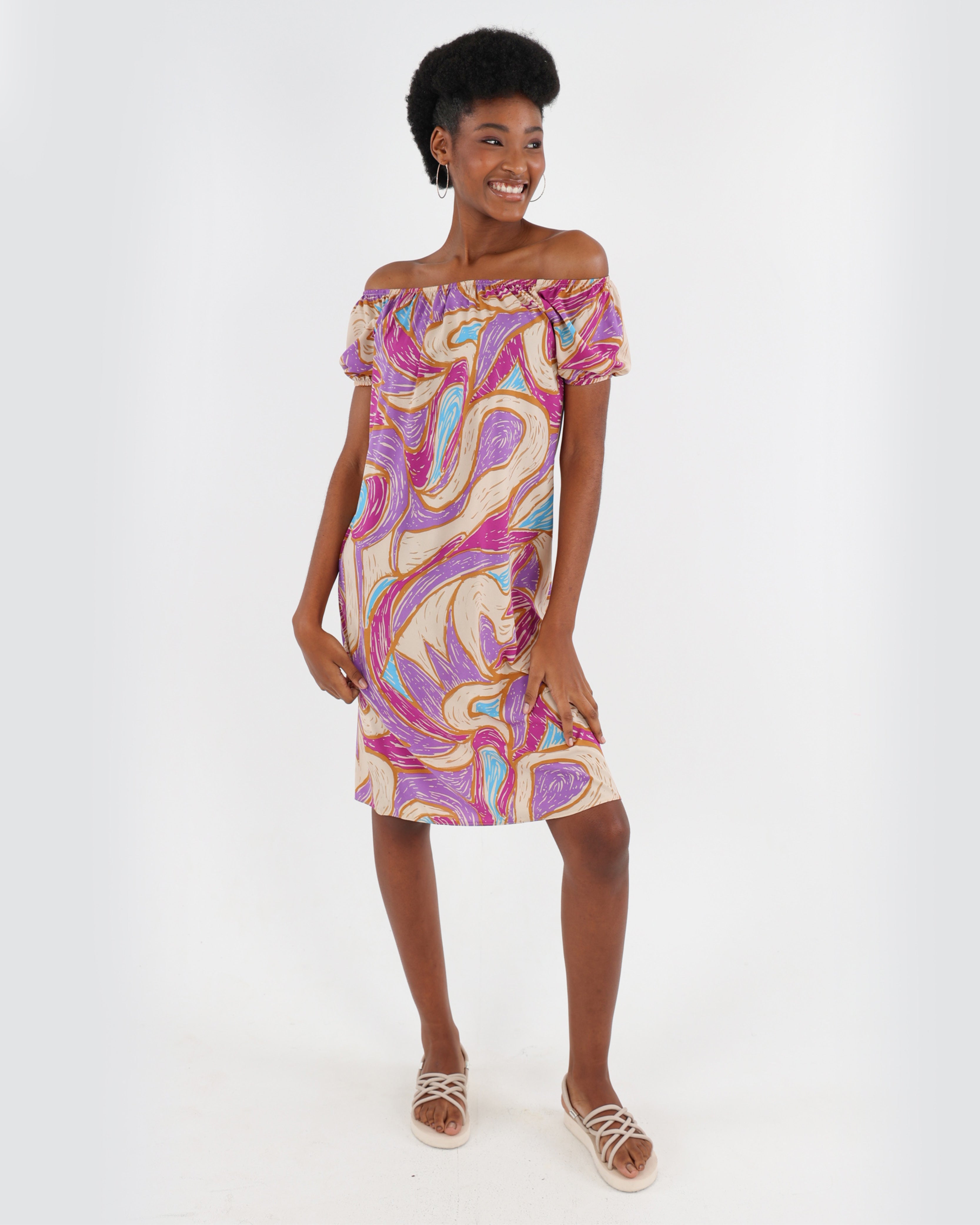 Short Puff Sleeve Abstract Print Dress