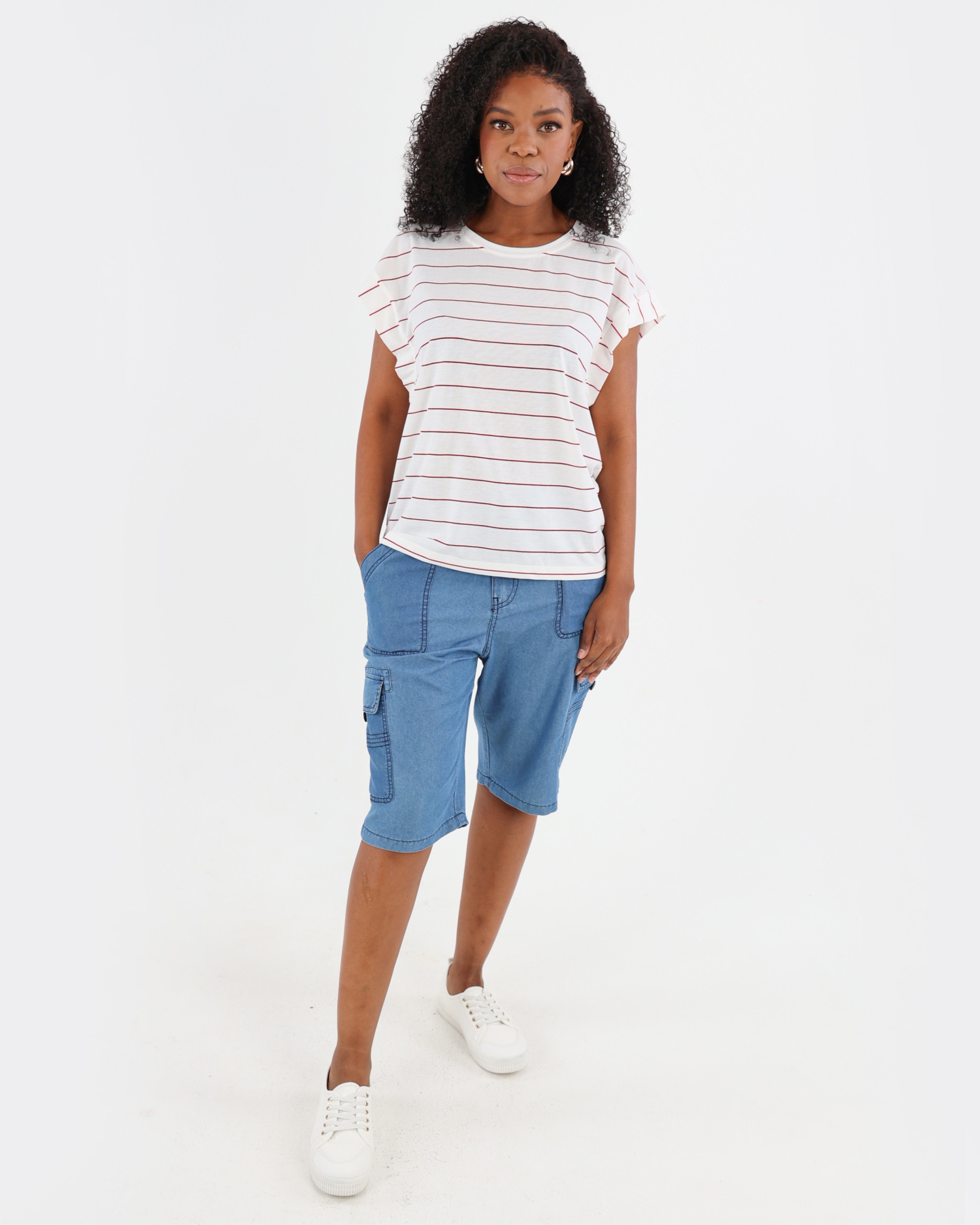 Red Cap Sleeve Striped T-Shirt