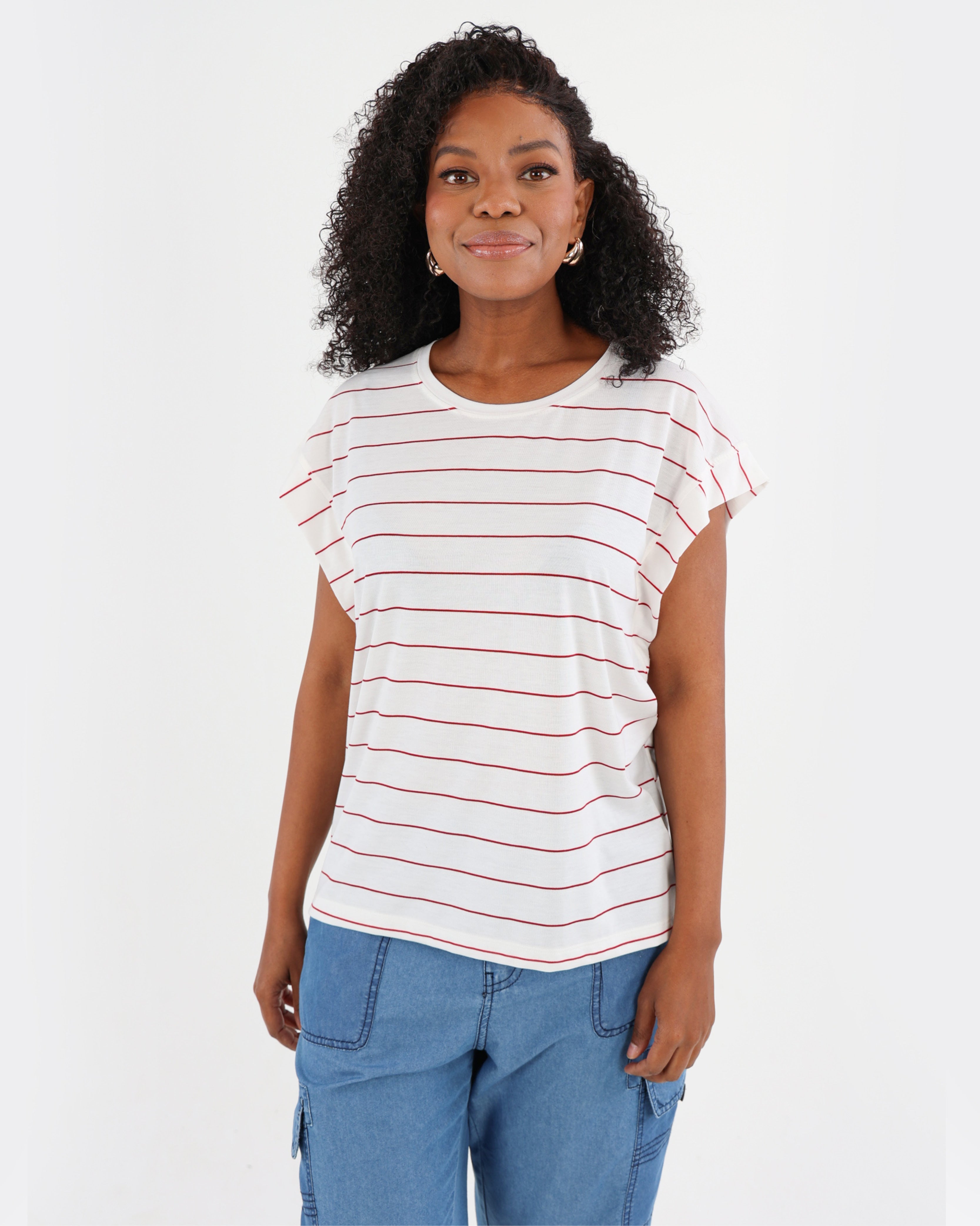 Red Cap Sleeve Striped T-Shirt