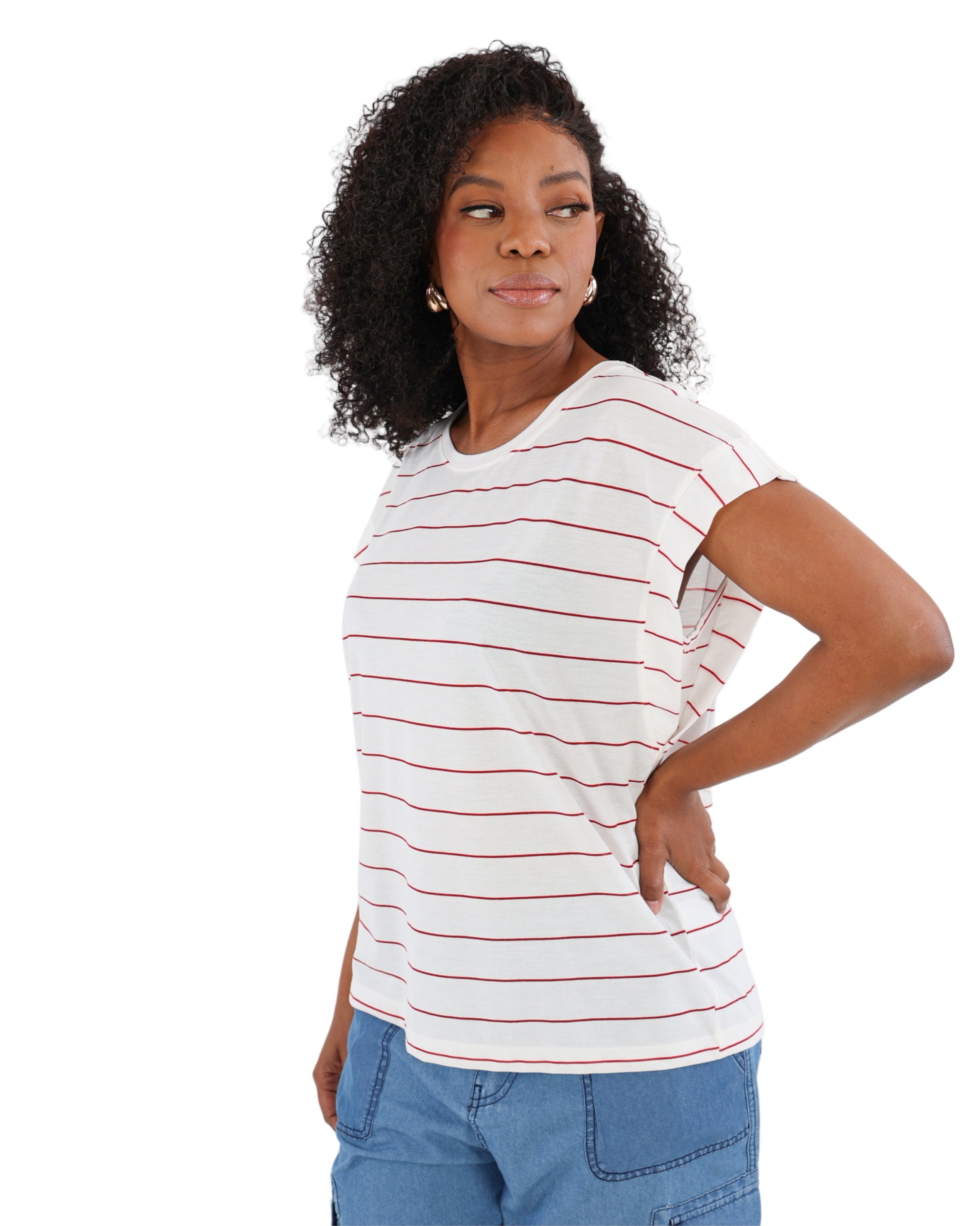 Red Cap Sleeve Striped T-Shirt