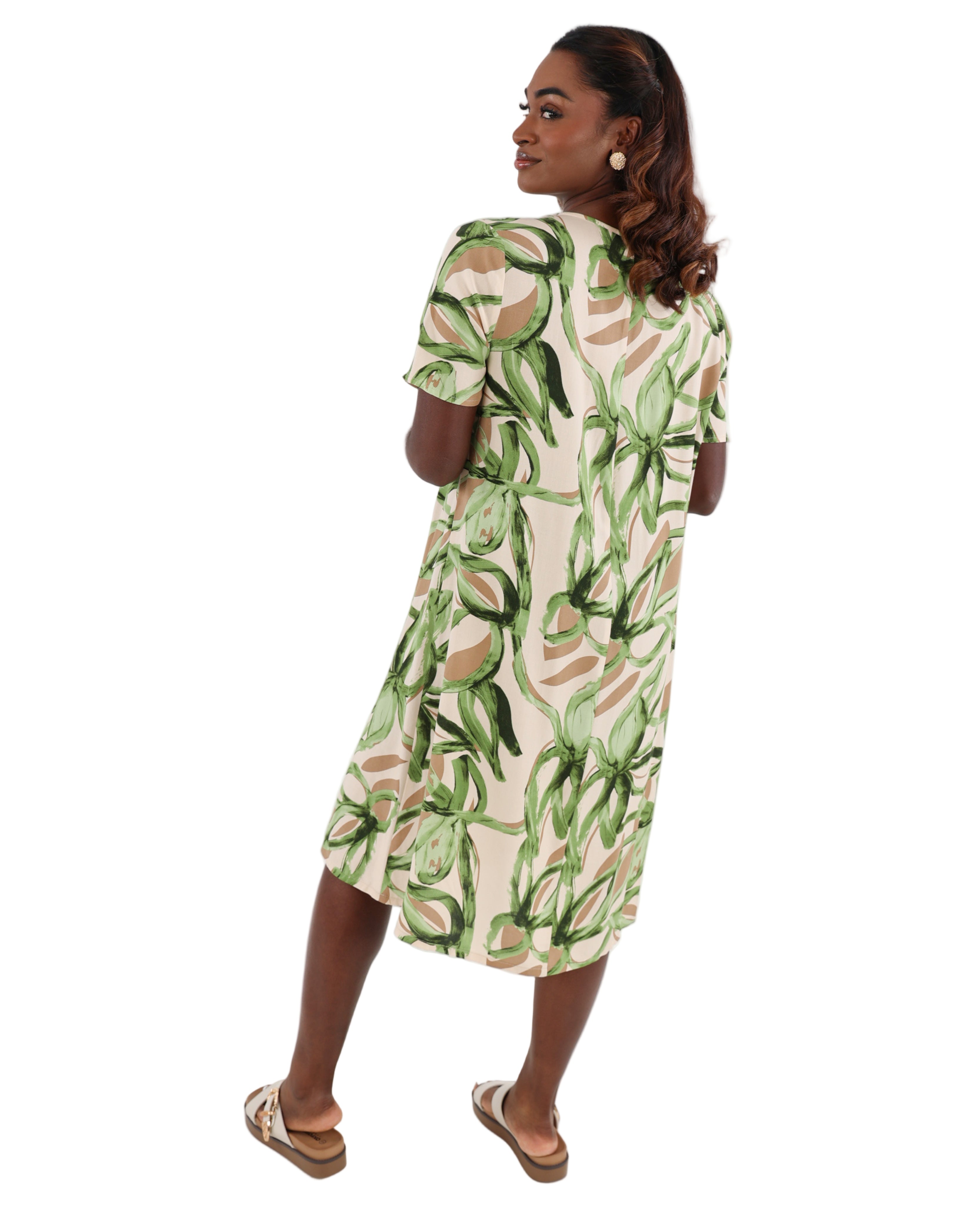 Leaf Print Front Pleat Midi Dress