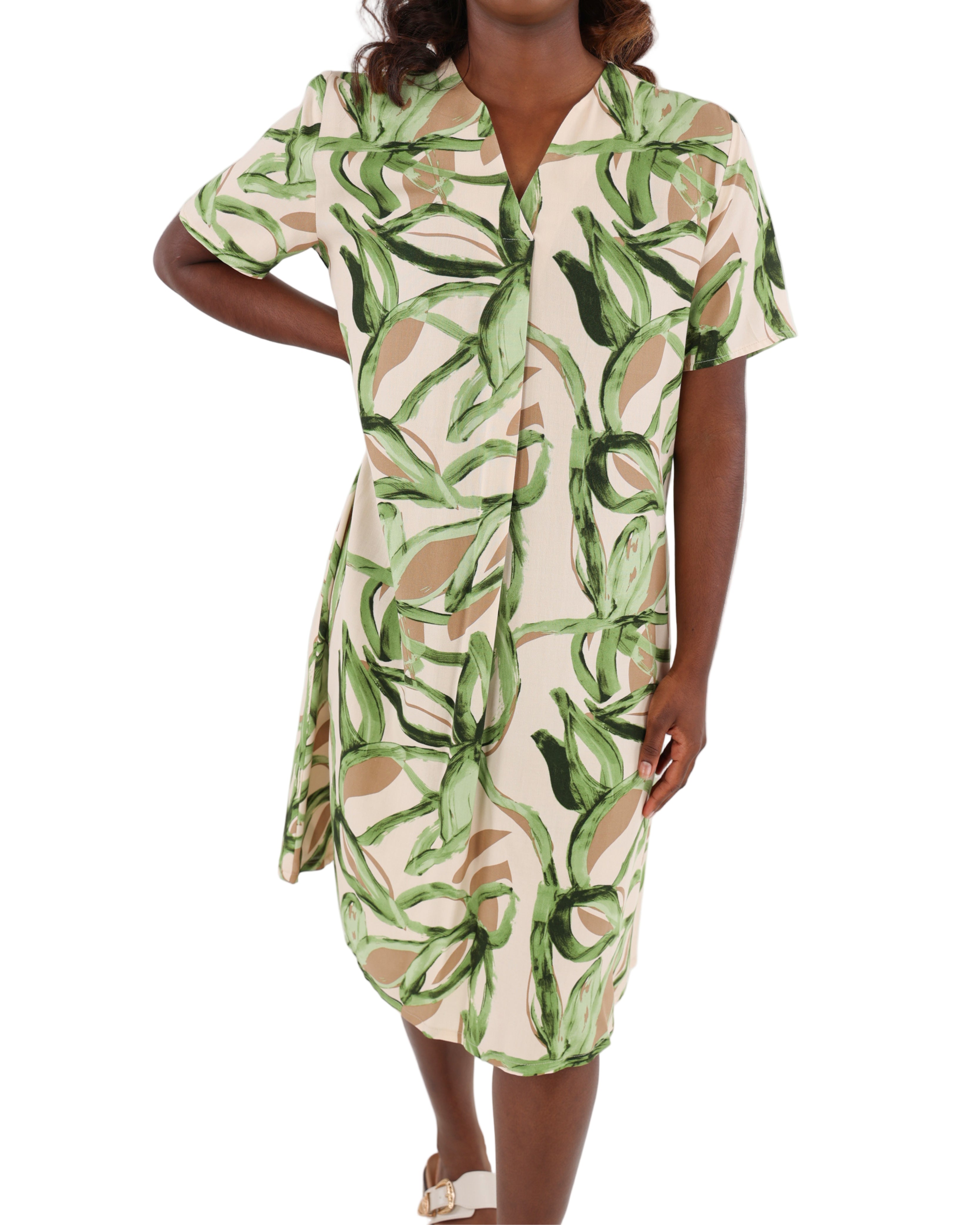 Leaf Print Front Pleat Midi Dress