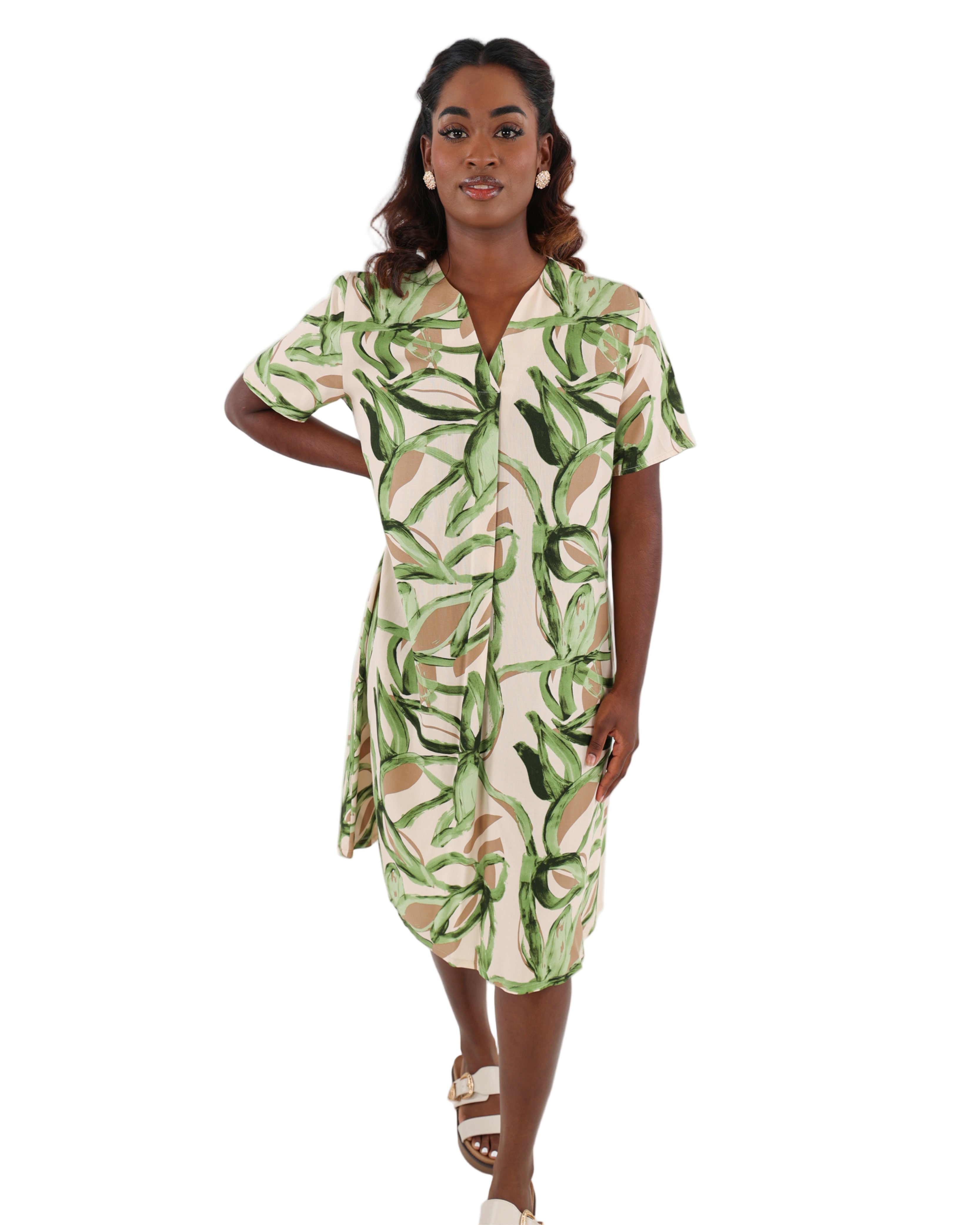 Leaf Print Front Pleat Midi Dress