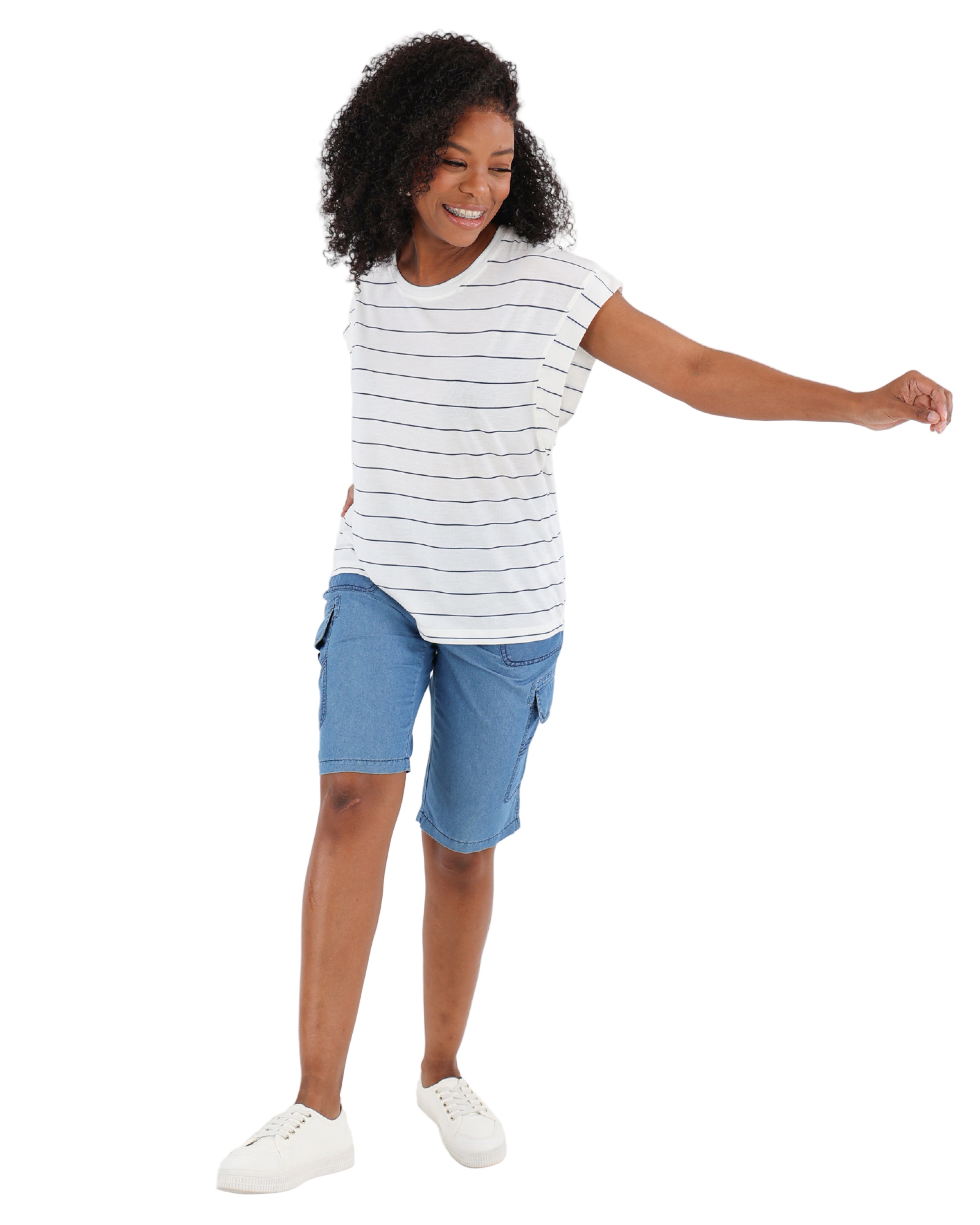 Blue Cap Sleeve Striped T-Shirt