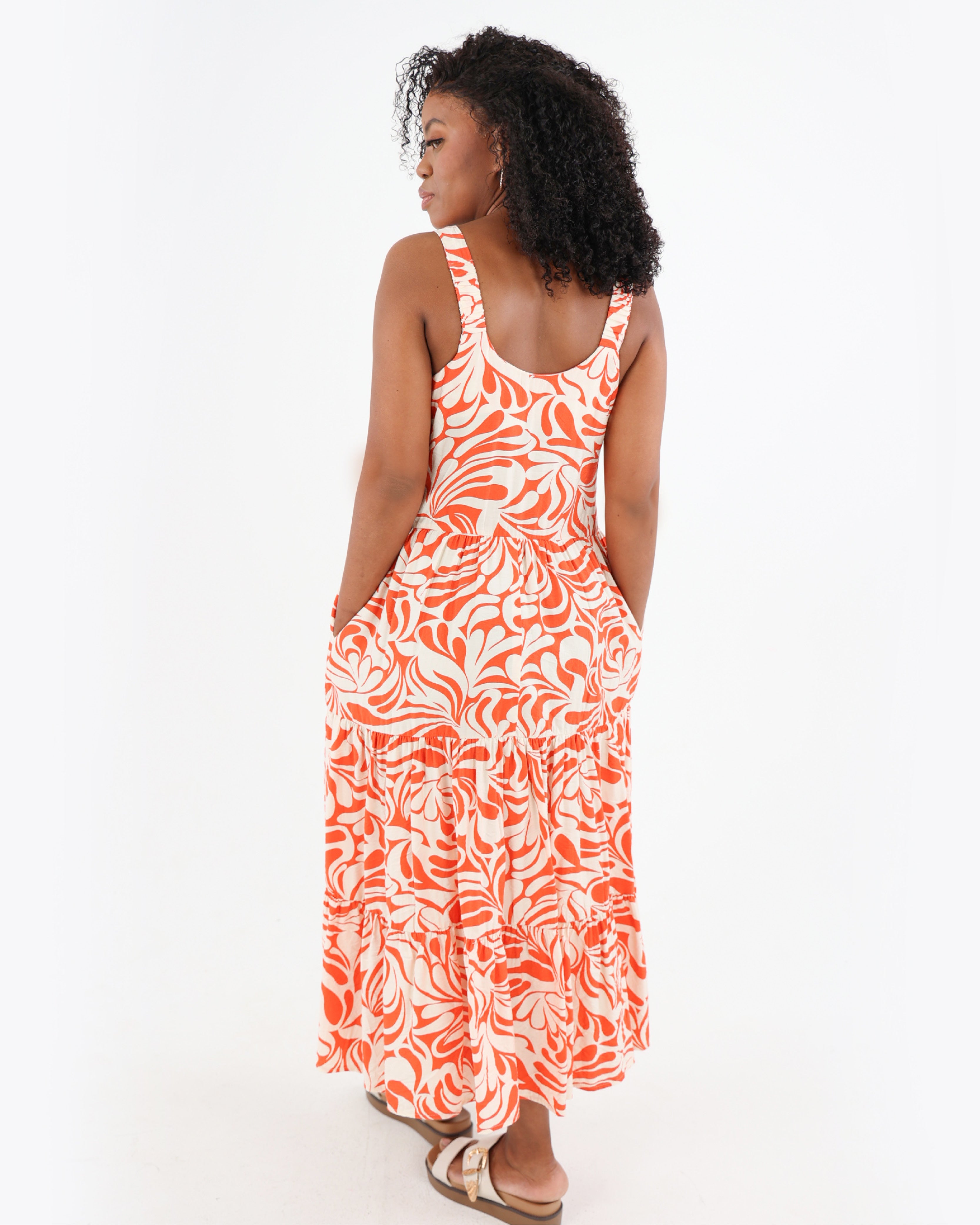 Orange Tiered Printed Maxi Dress