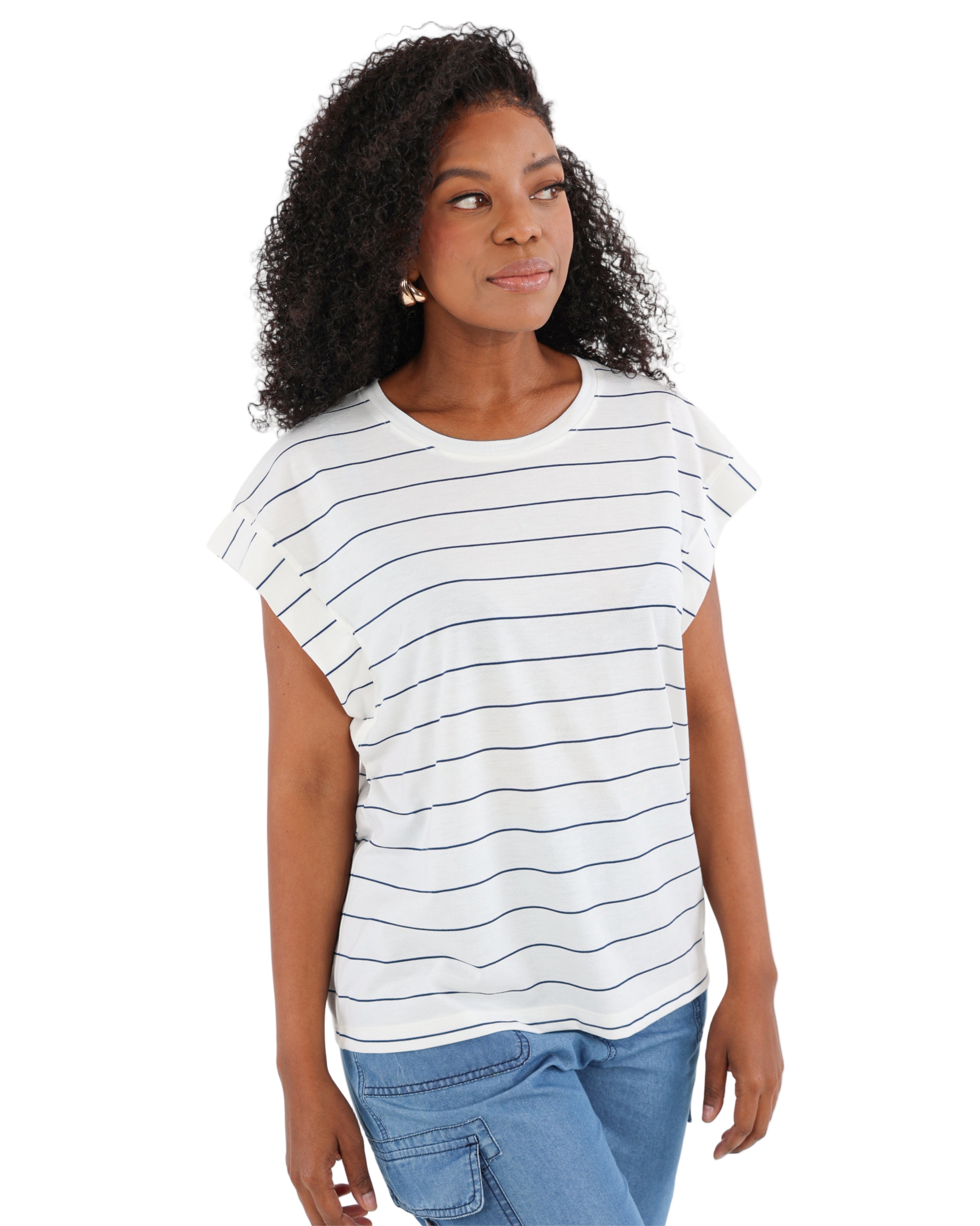 Blue Cap Sleeve Striped T-Shirt