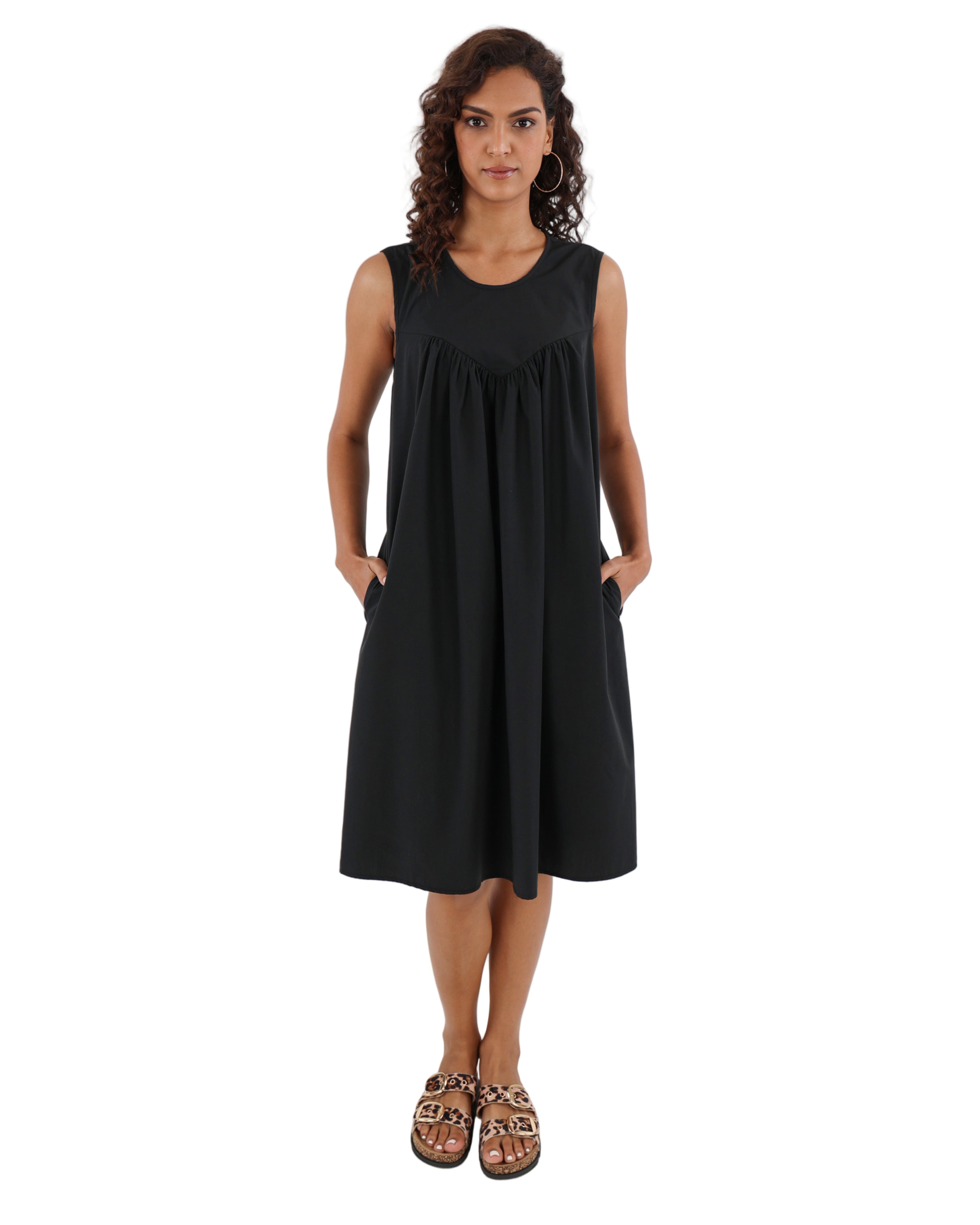 Black Sleeveless V-Shaped Yoke Panel Flair Dress