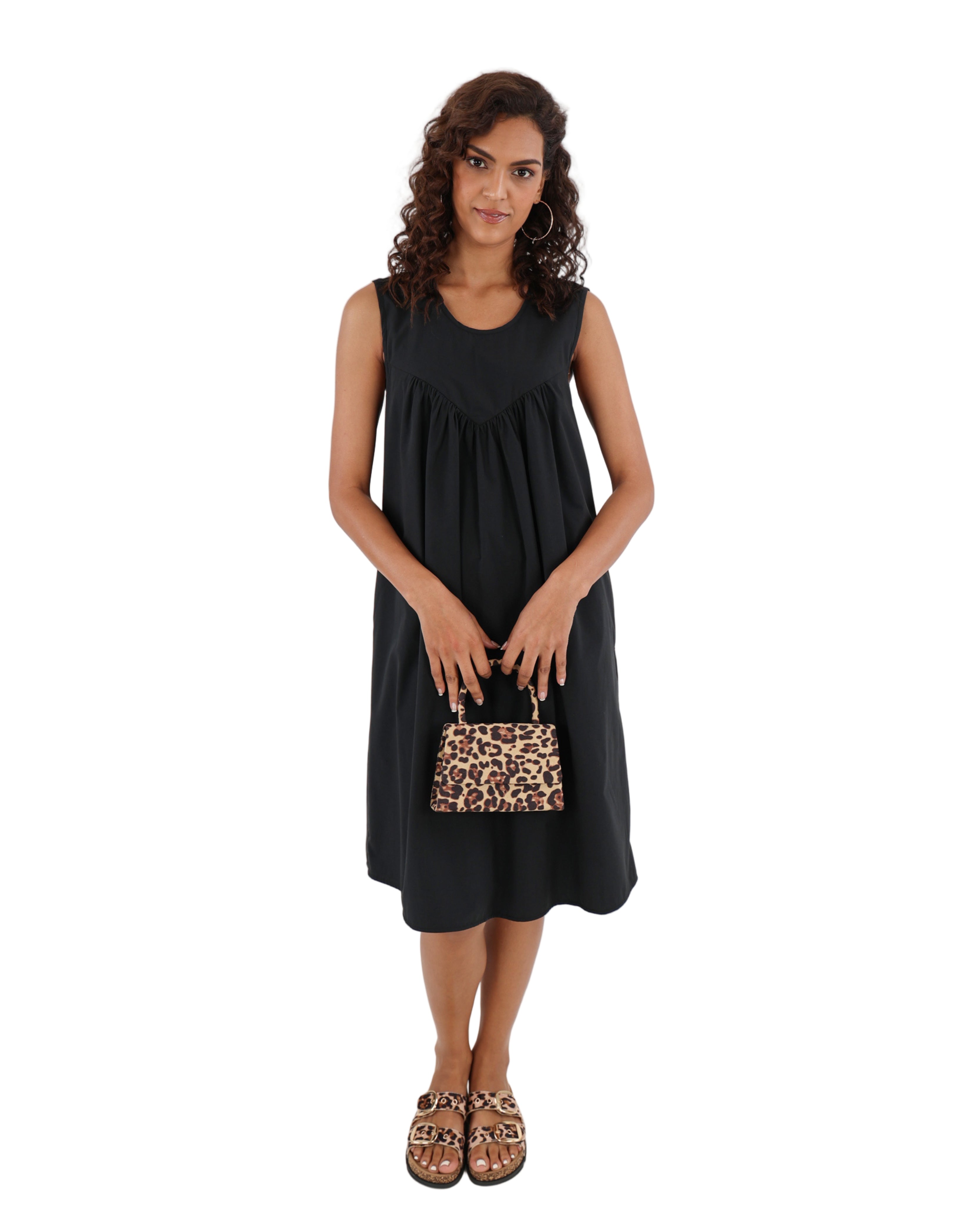 Black Sleeveless V-Shaped Yoke Panel Flair Dress