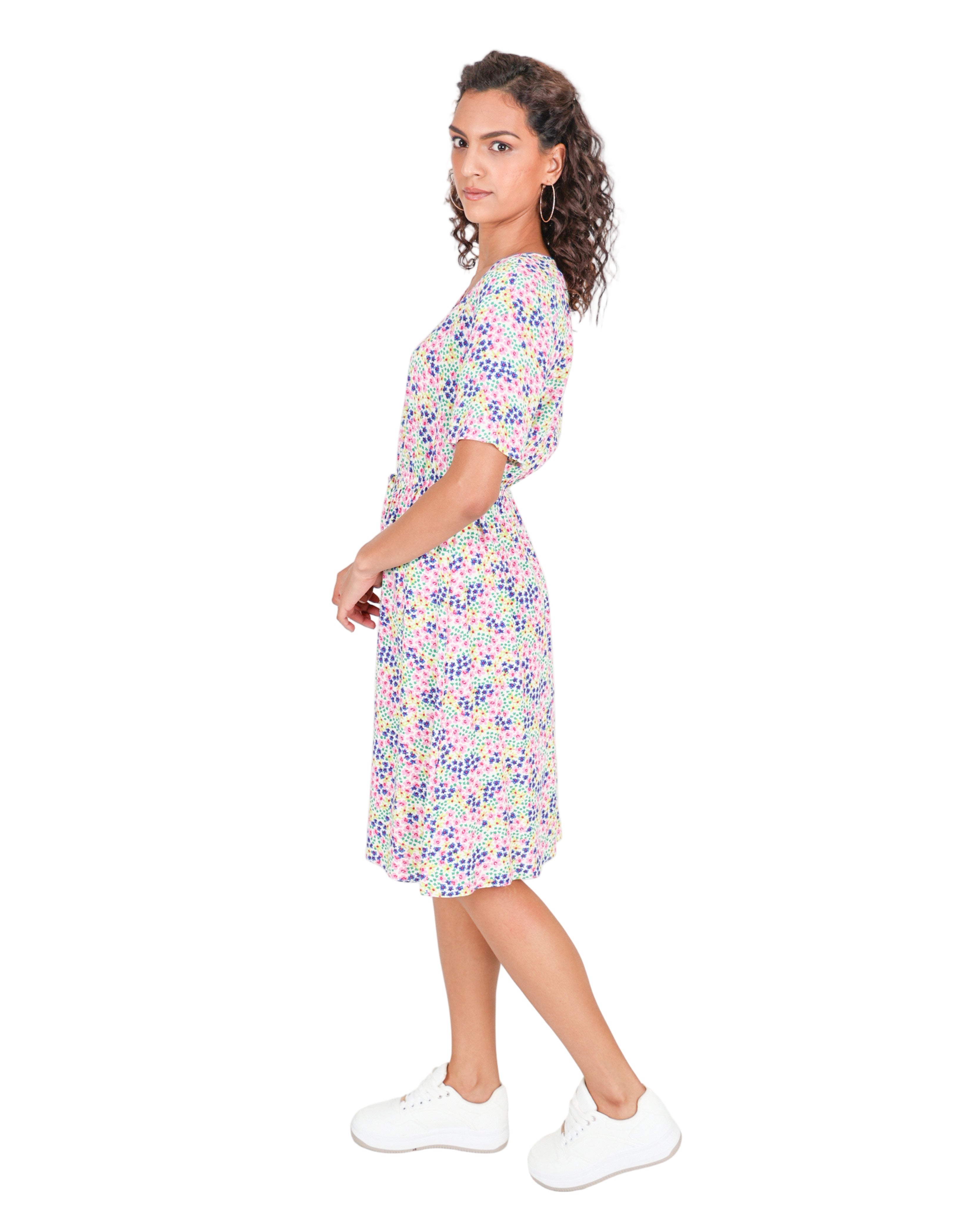 Pastel Floral Print Short Sleeve Summer Dress