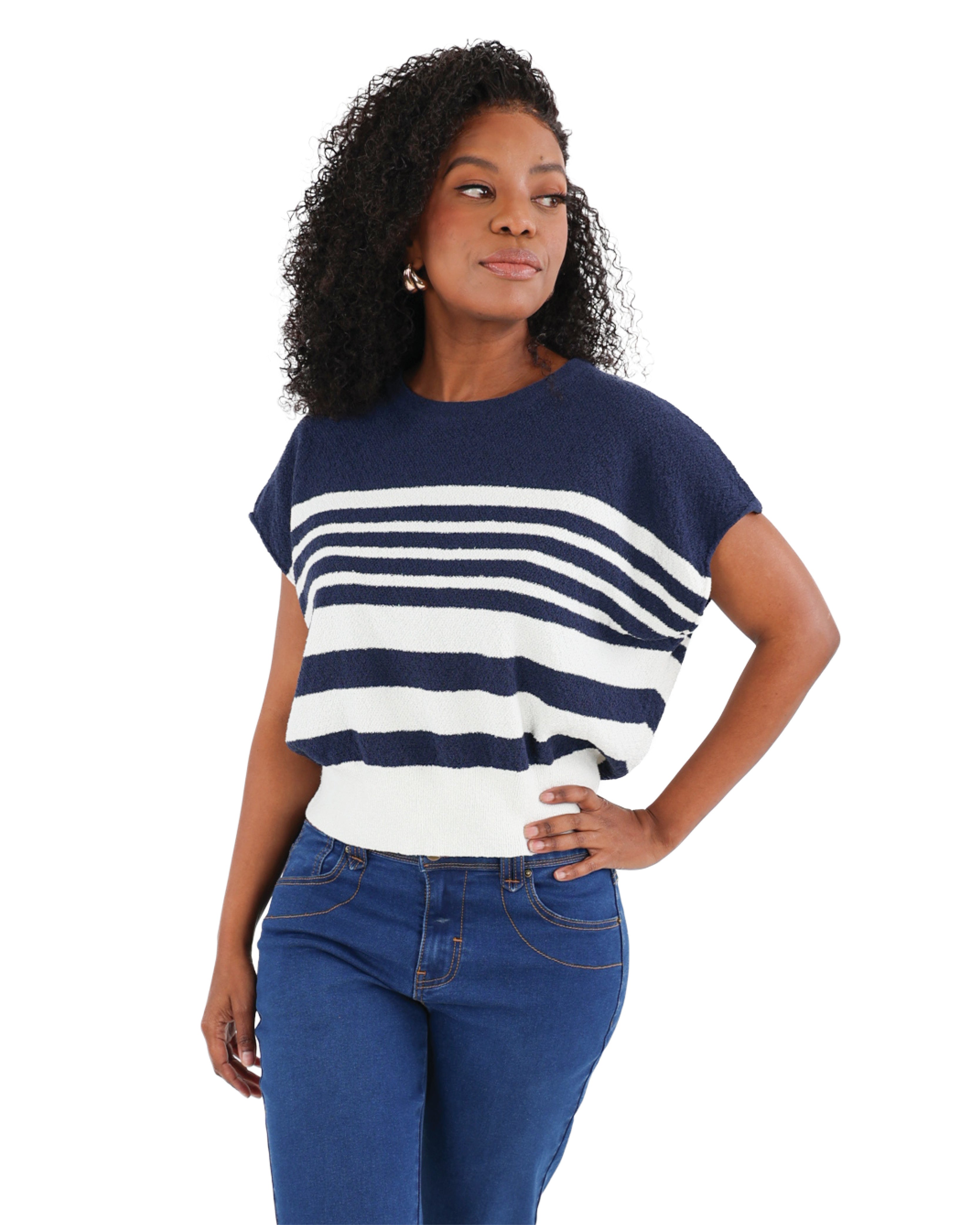 Short Sleeve Navy Striped Knit Top