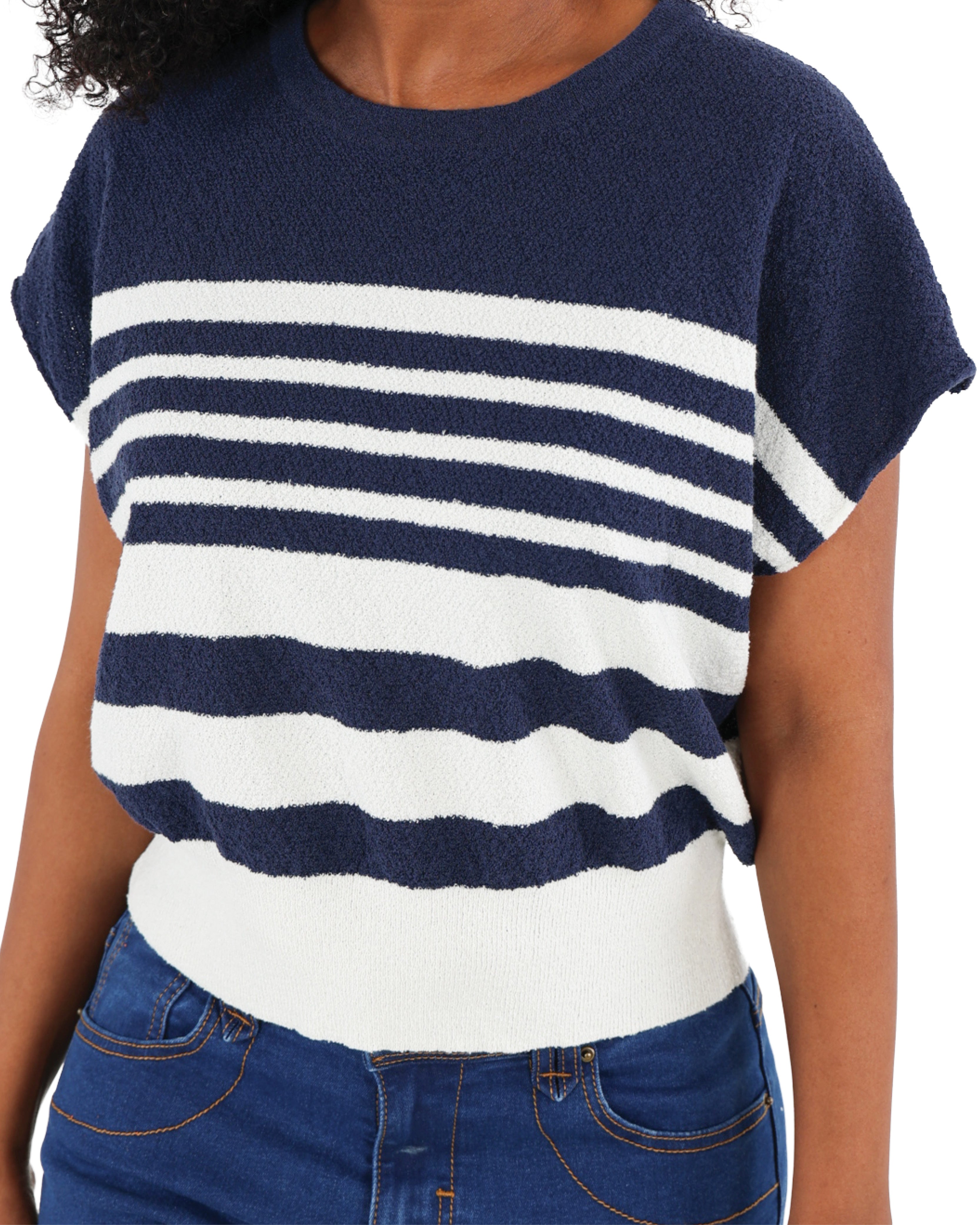 Short Sleeve Navy Striped Knit Top