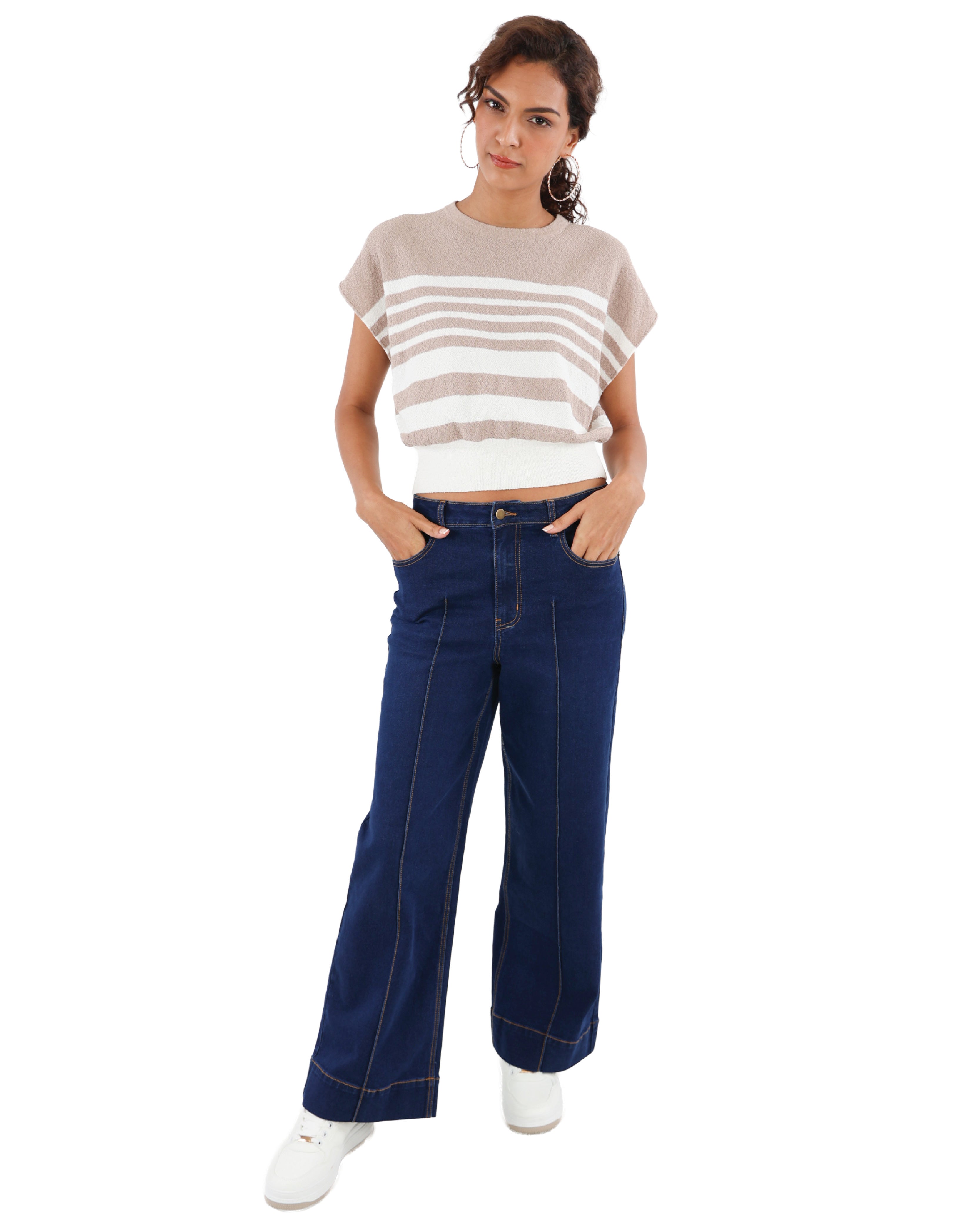 Short Sleeve Stone Striped Knit Top