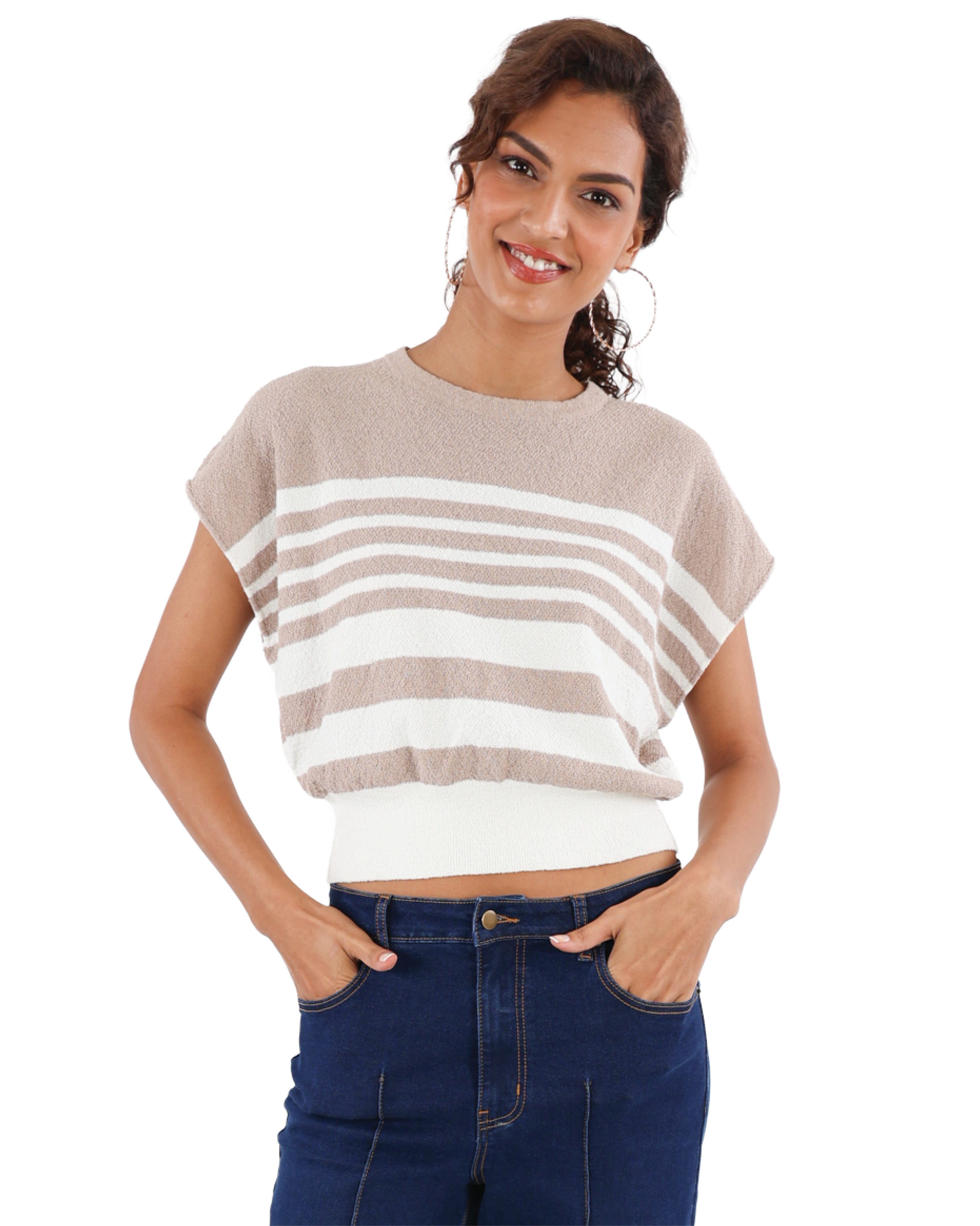 Short Sleeve Stone Striped Knit Top