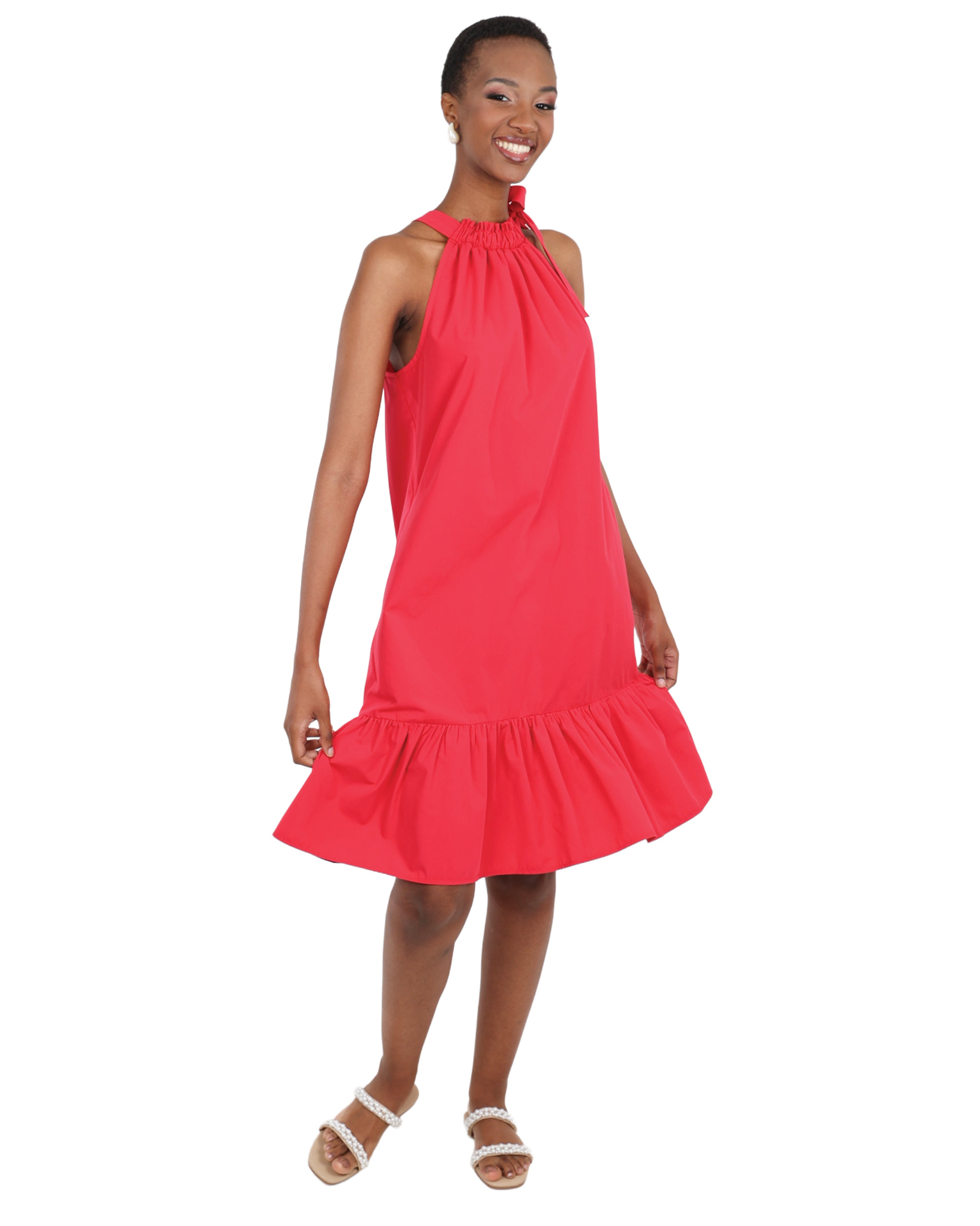 Berry Sleeveless Frilled Halterneck Dress