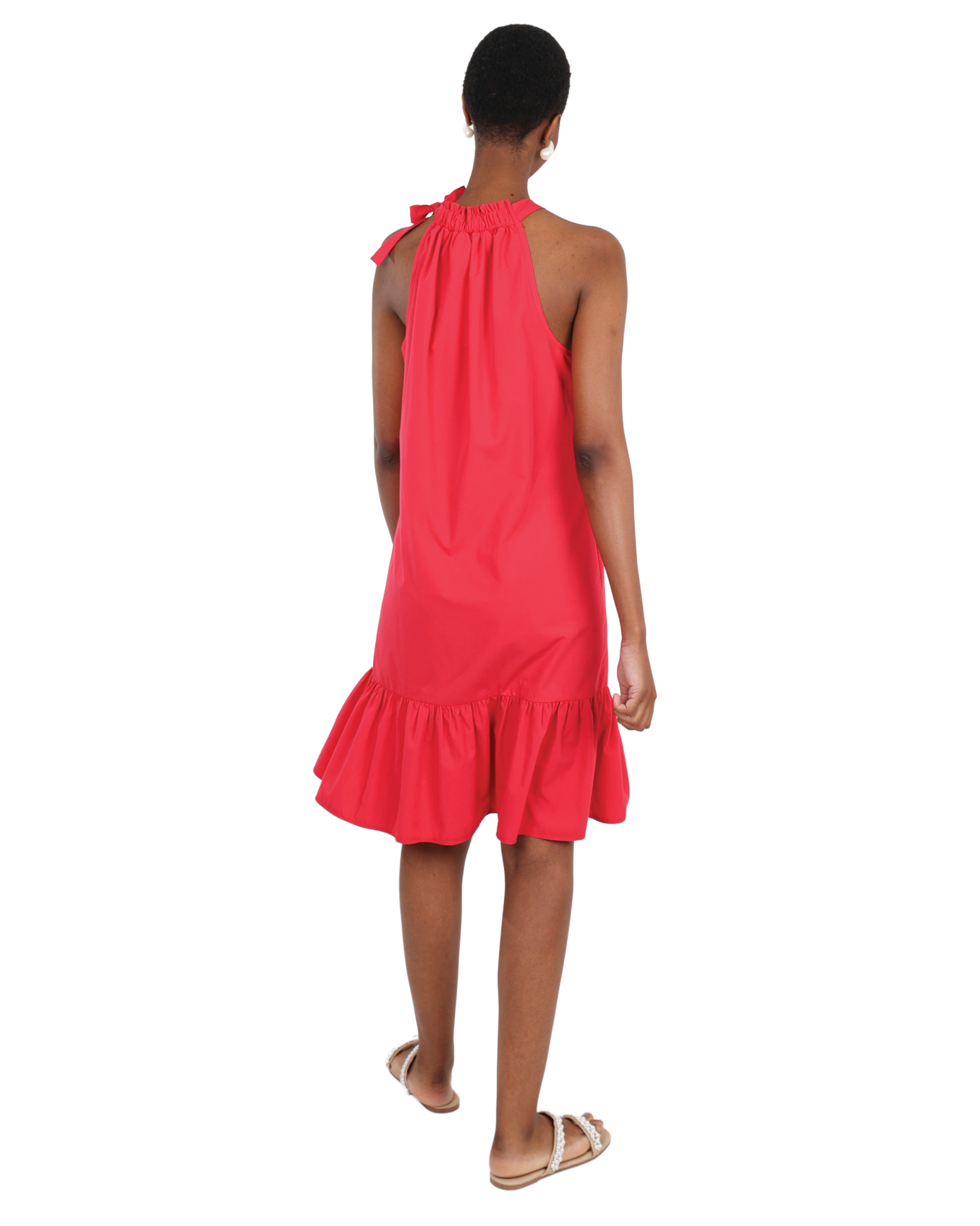 Berry Sleeveless Frilled Halterneck Dress