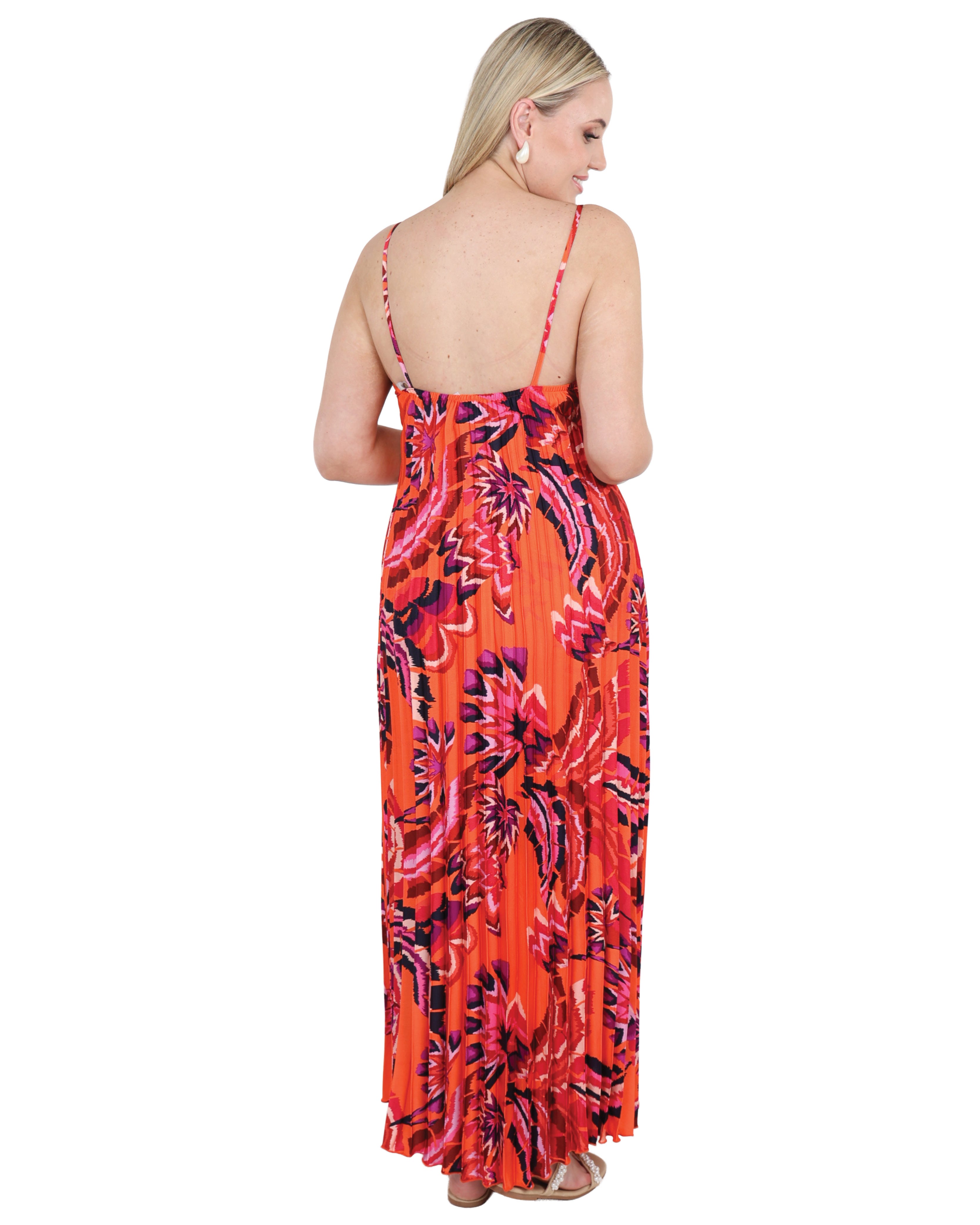 Sunset Orange Strappy Pleated Maxi Dress