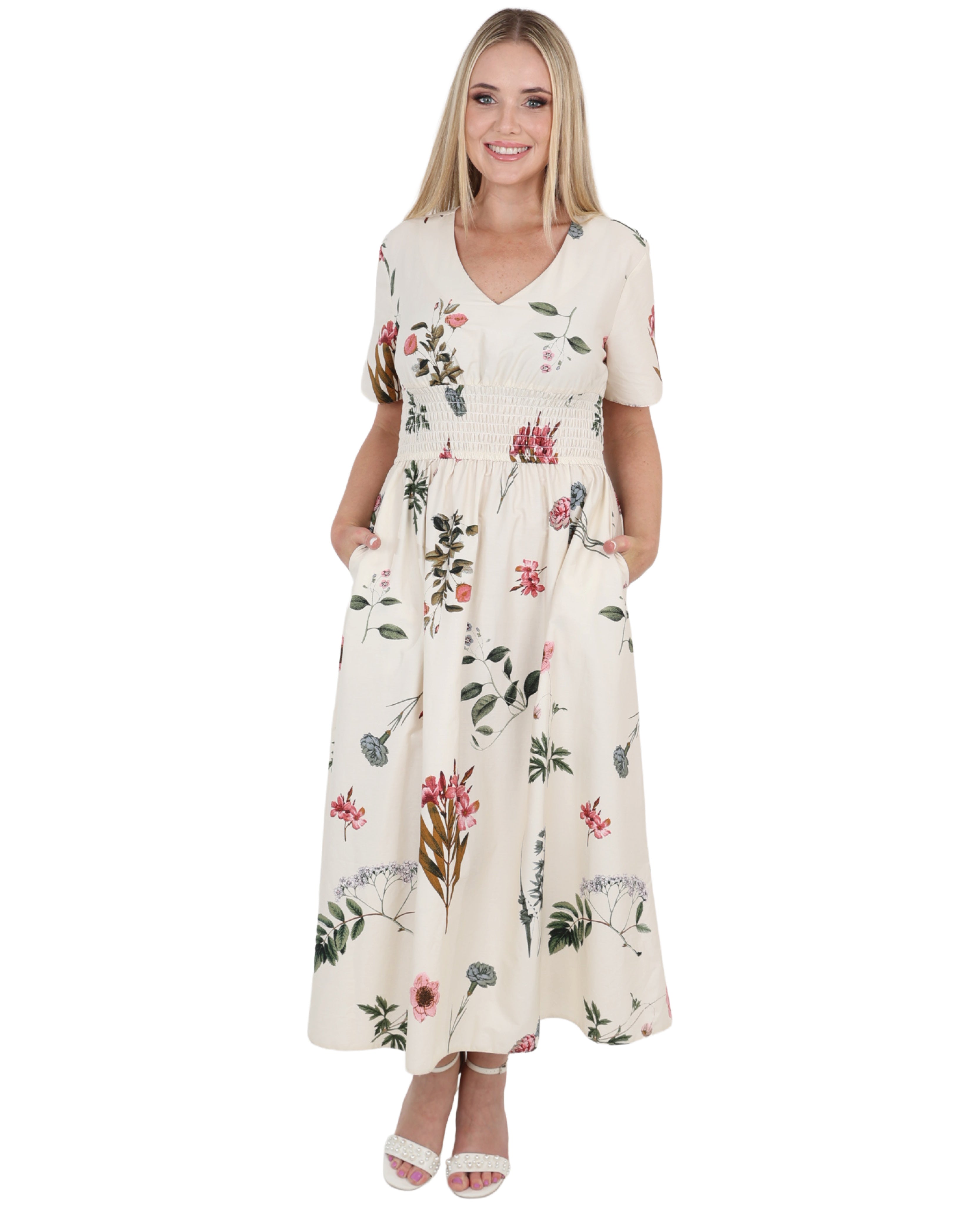 Short Sleeve Floral Print Smocked Waist Maxi Dress
