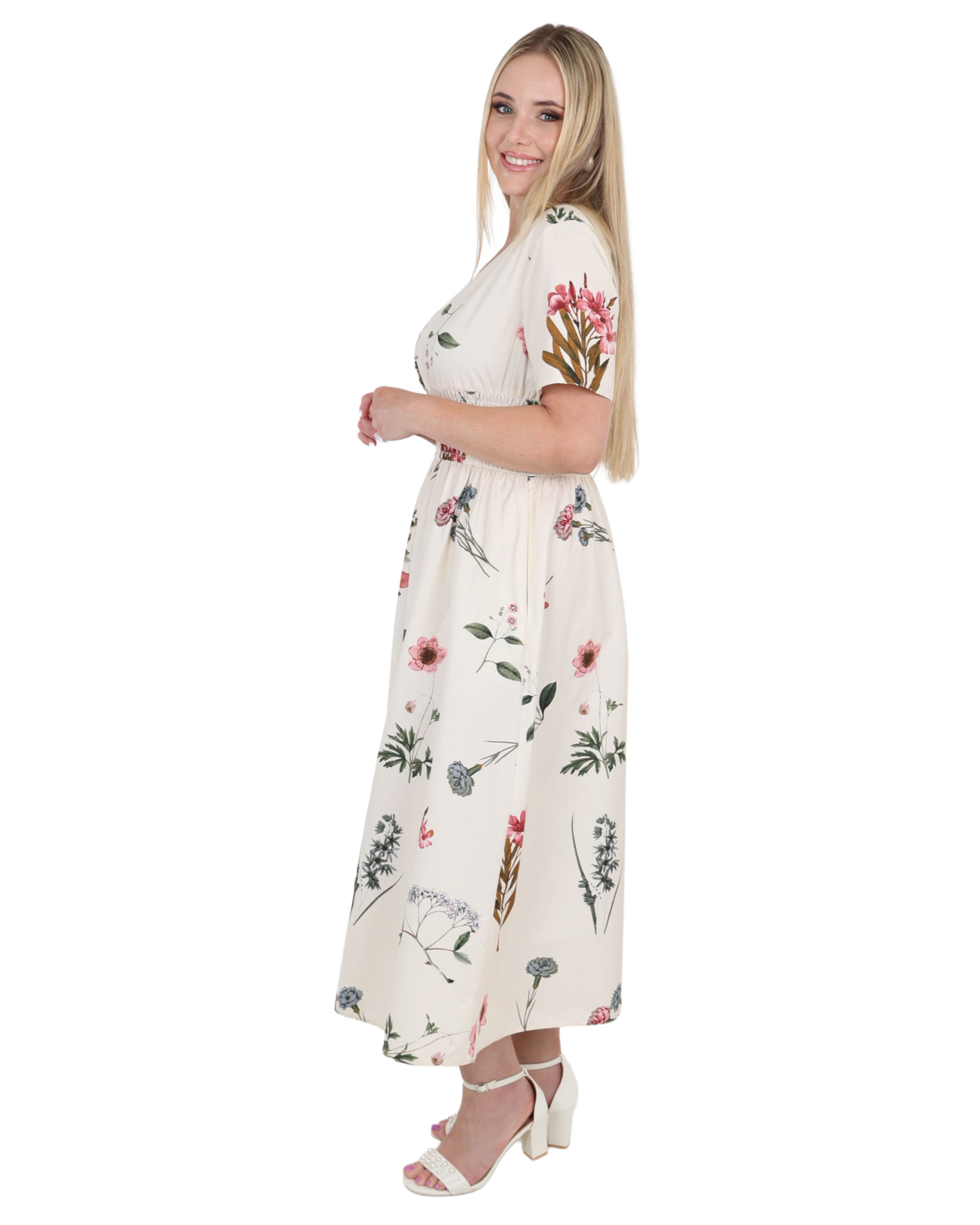 Short Sleeve Floral Print Smocked Waist Maxi Dress