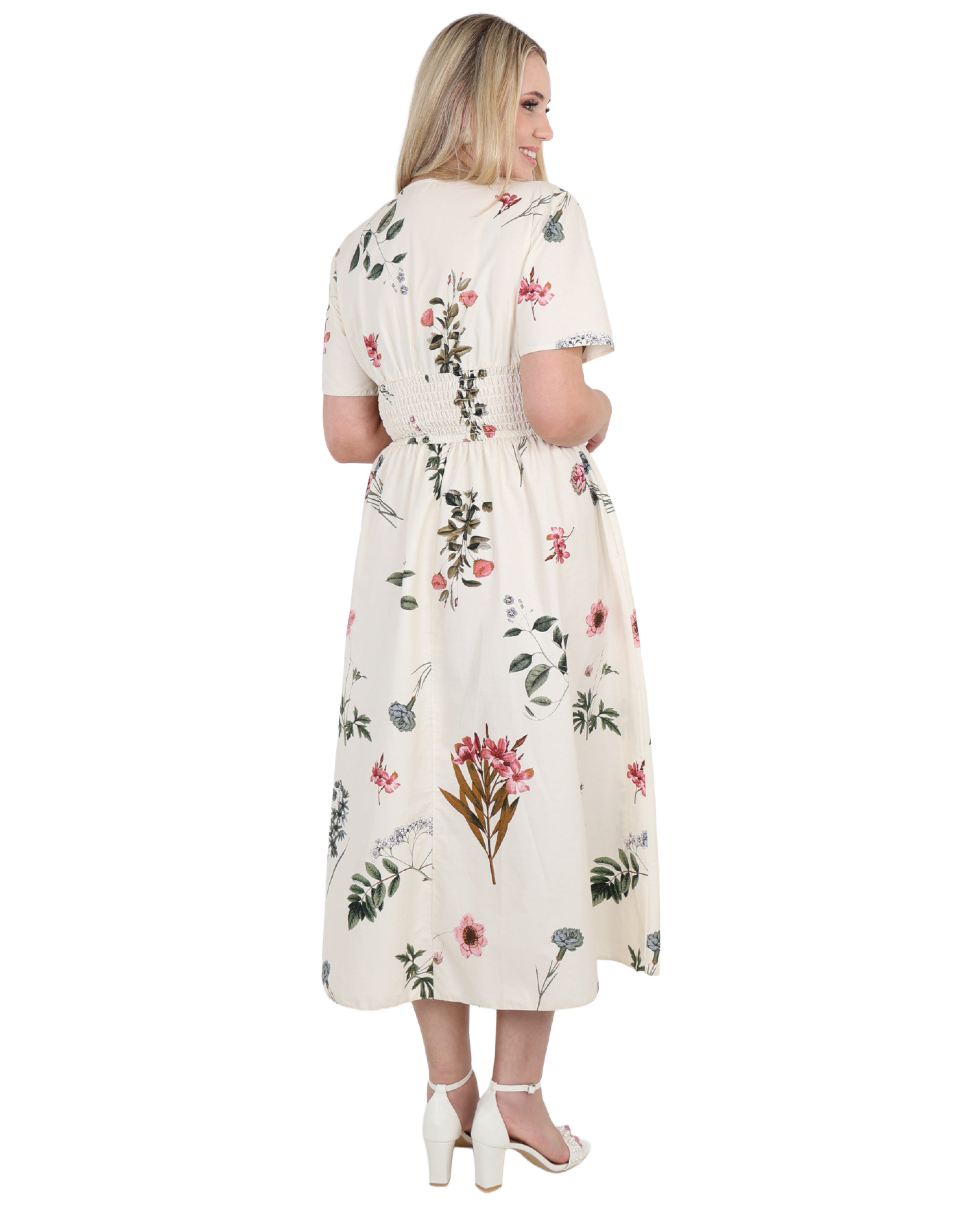 Short Sleeve Floral Print Smocked Waist Maxi Dress