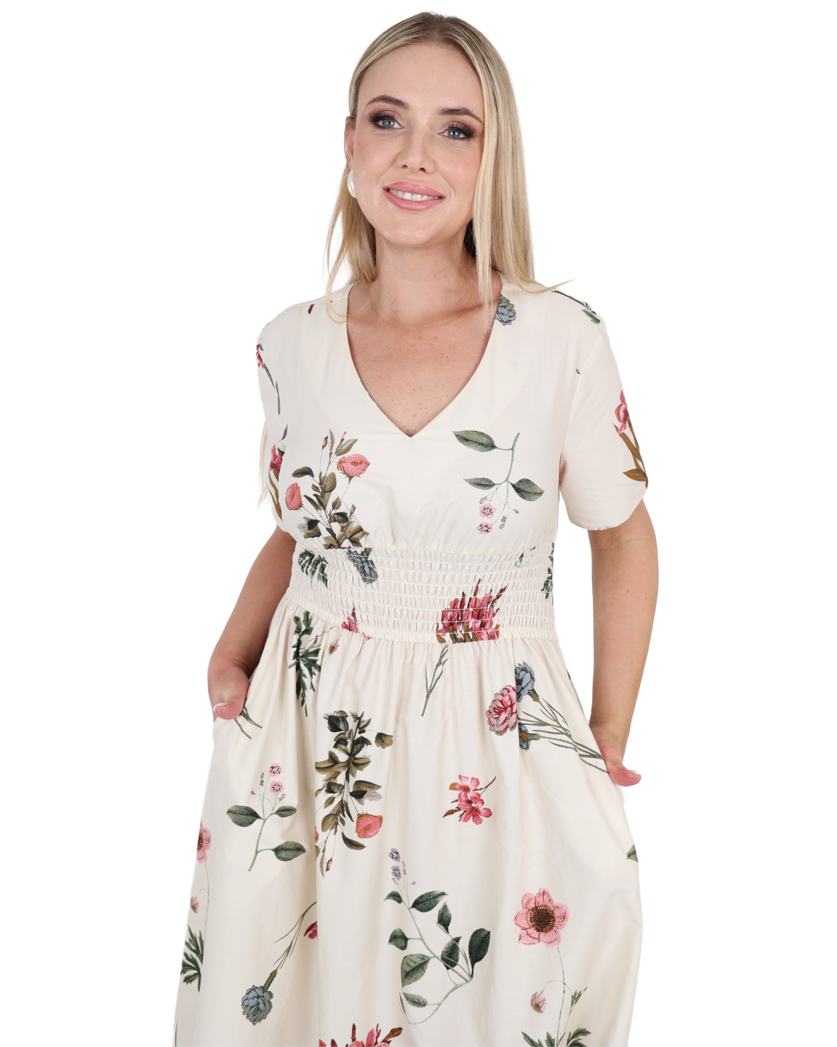 Short Sleeve Floral Print Smocked Waist Maxi Dress
