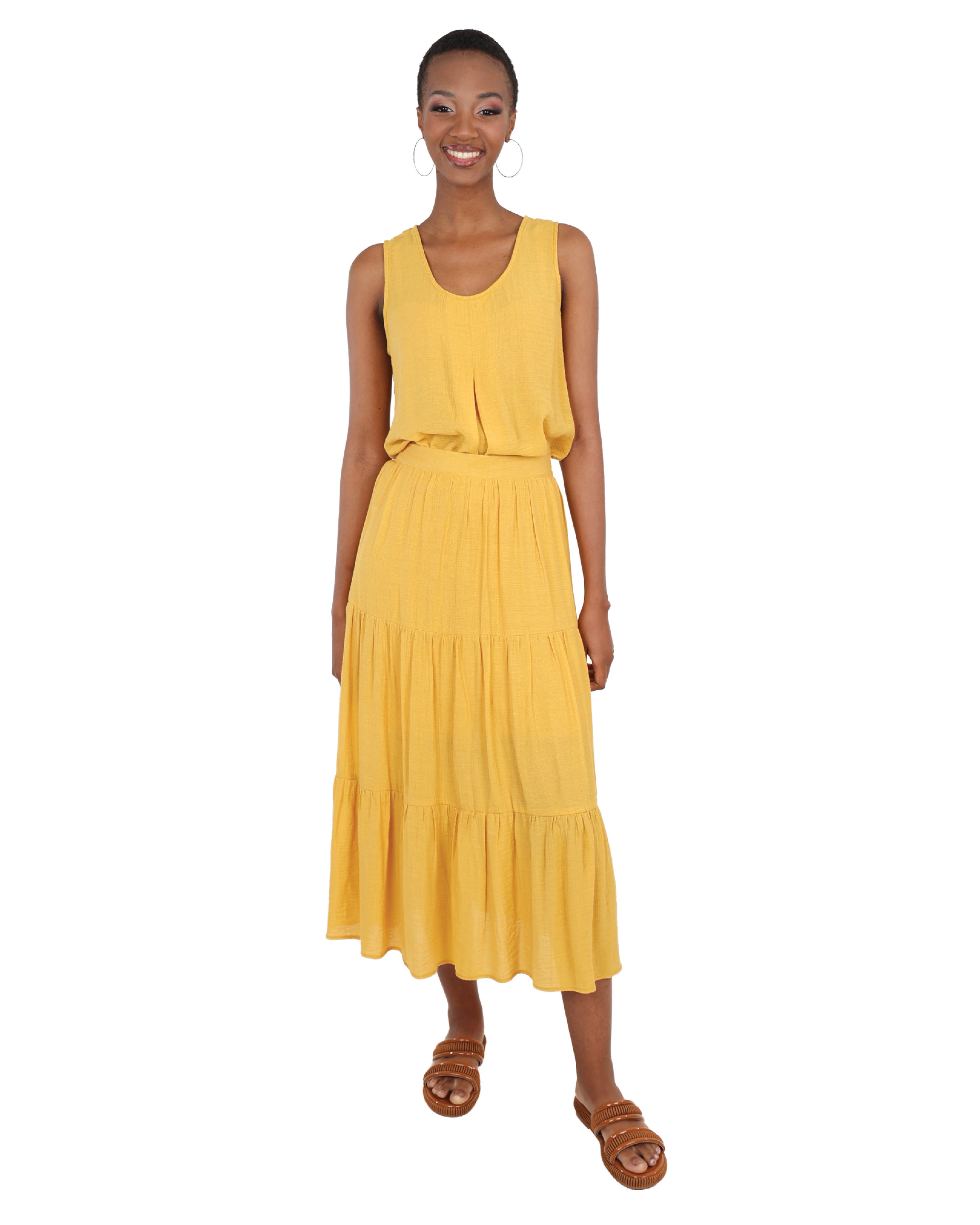 Yellow Tiered Lined Maxi Skirt