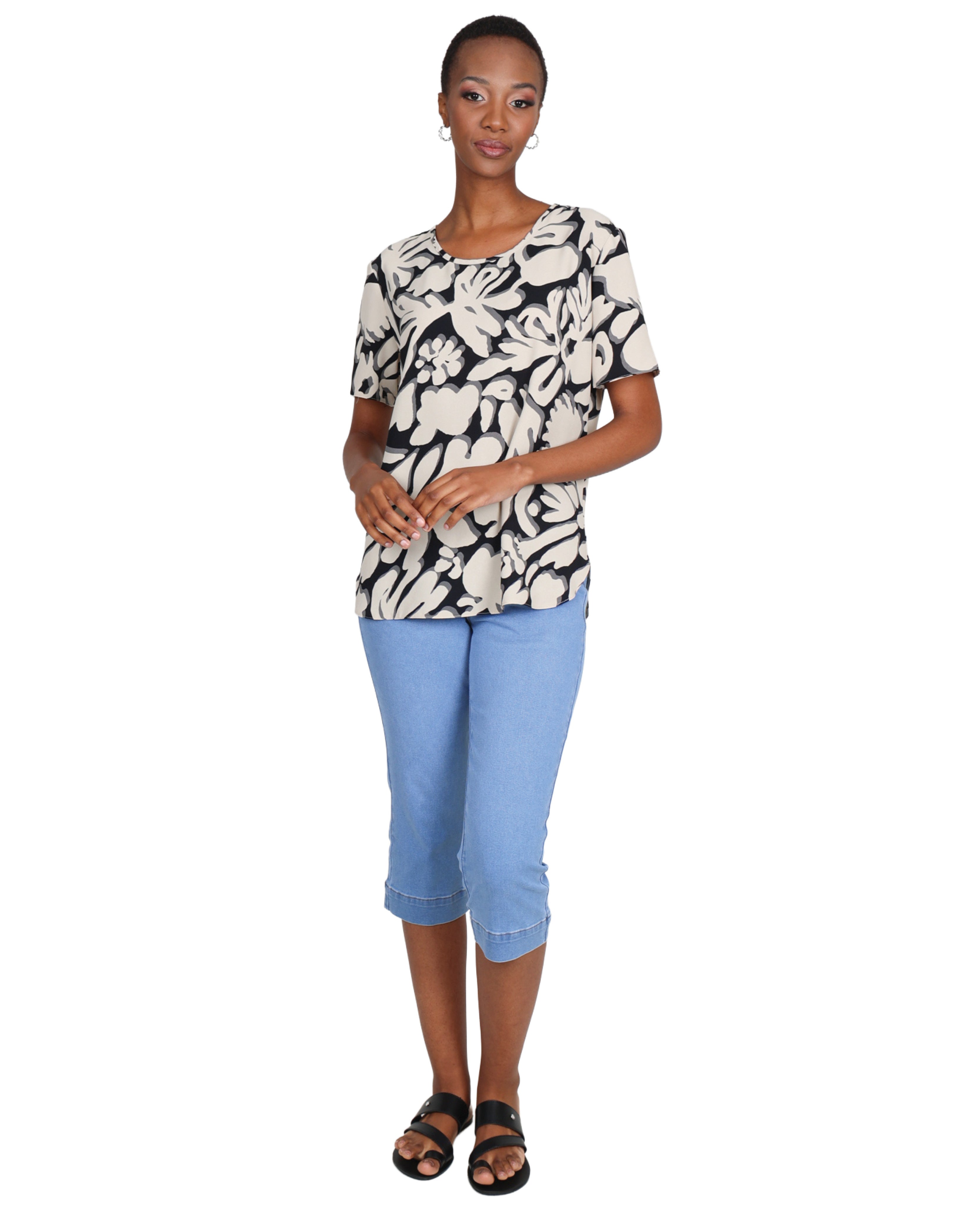 Abstract Leaf Print Short Sleeve Blouse