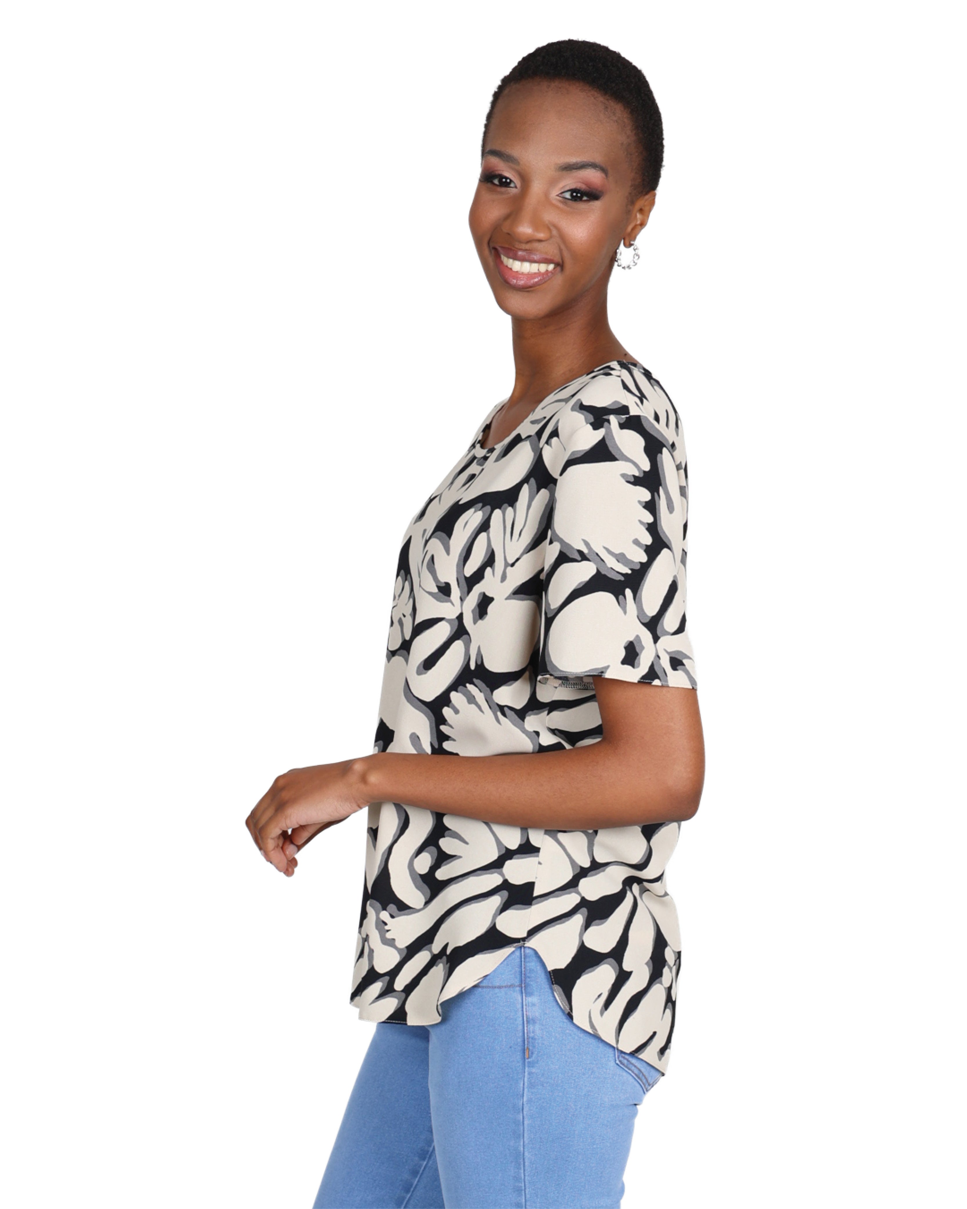 Abstract Leaf Print Short Sleeve Blouse
