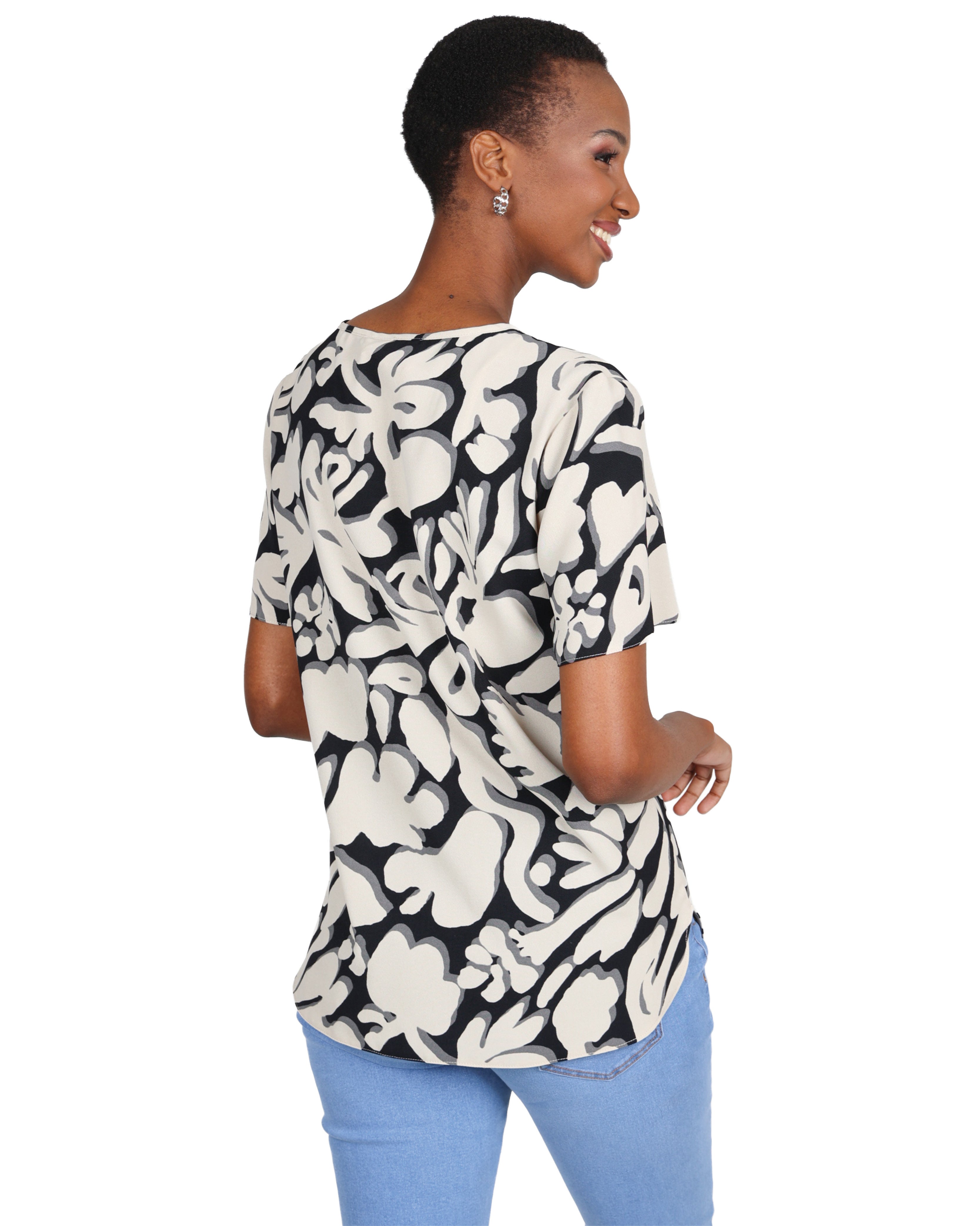 Abstract Leaf Print Short Sleeve Blouse