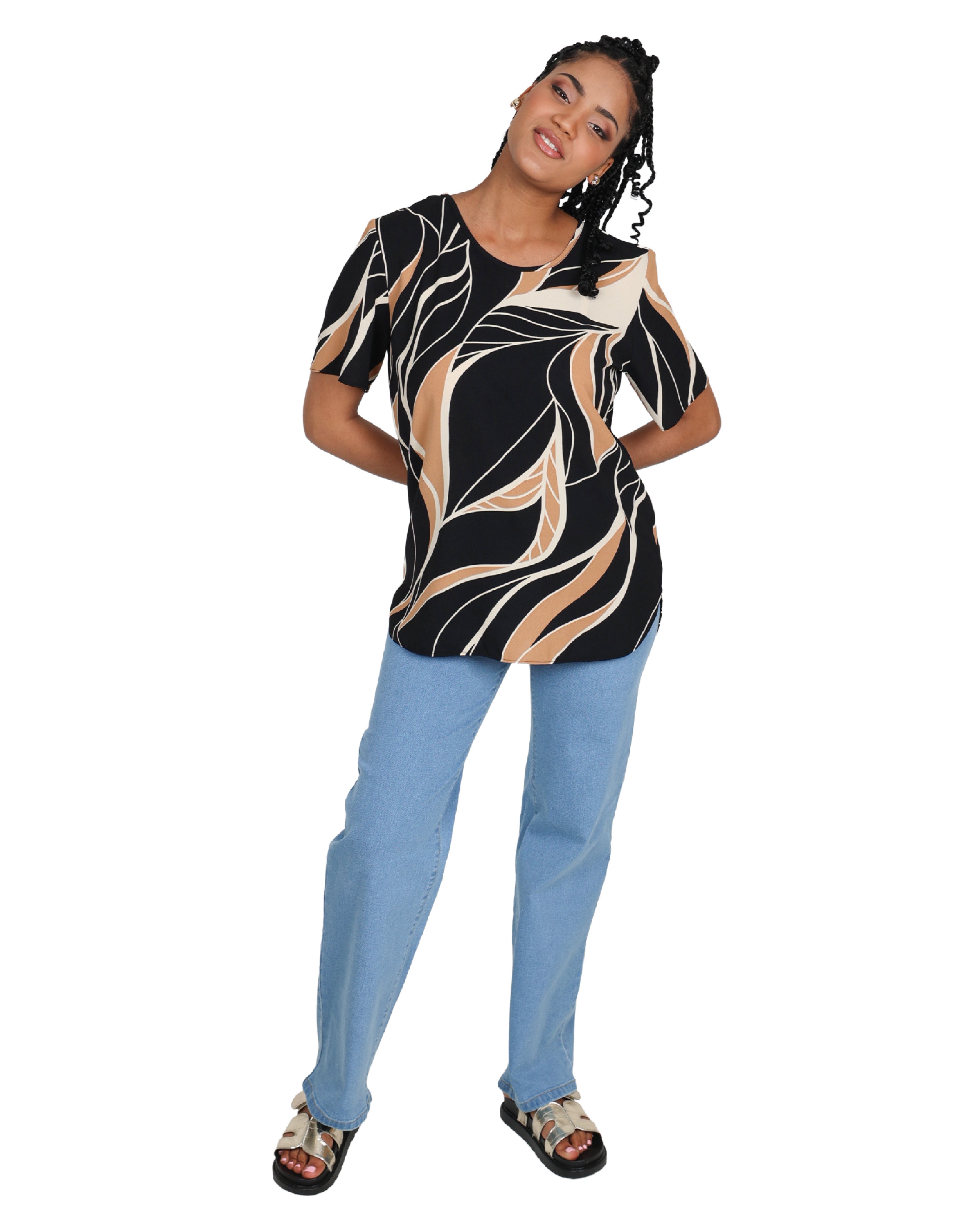 Abstract Mocha Print Short Sleeve Blouse