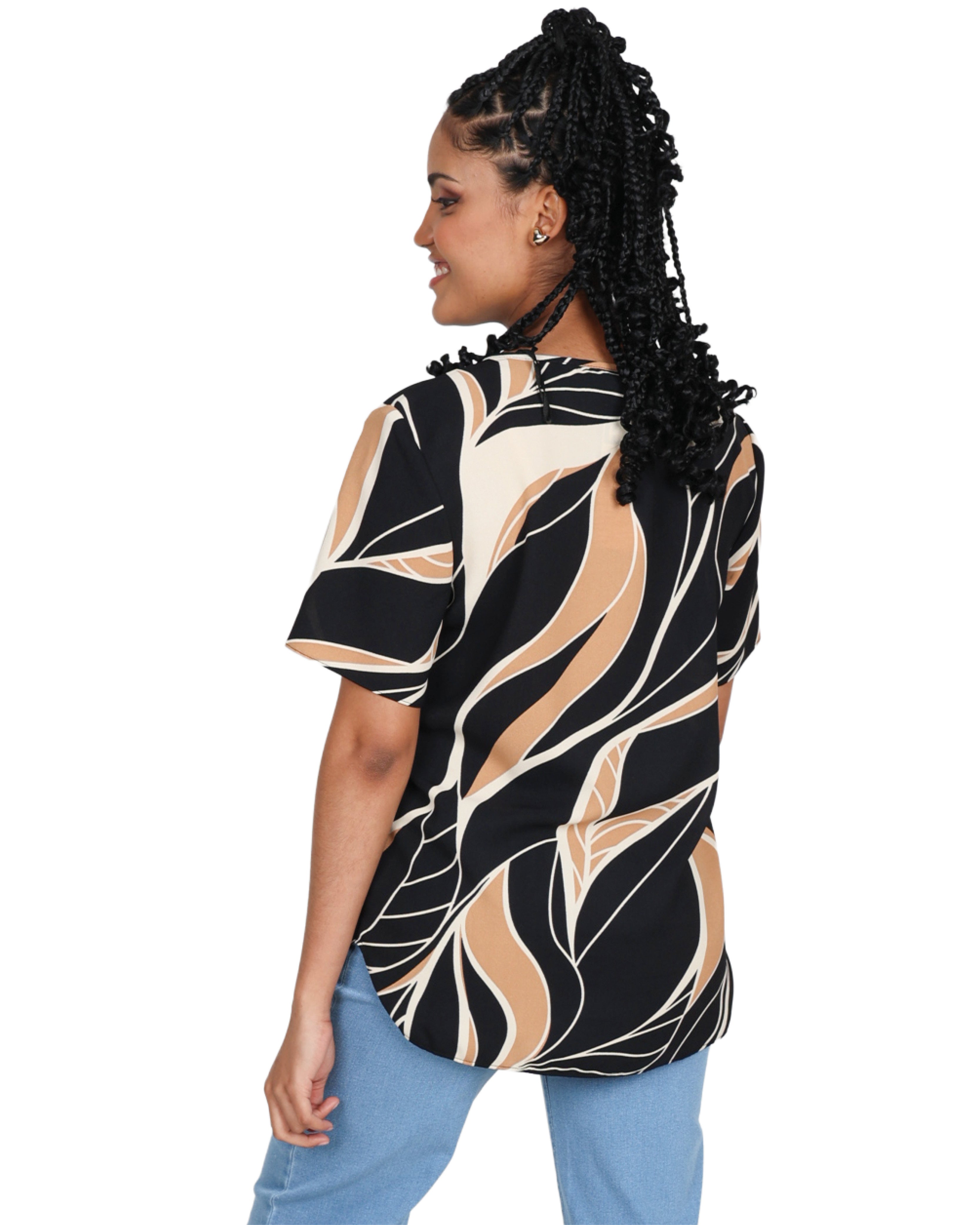 Abstract Mocha Print Short Sleeve Blouse