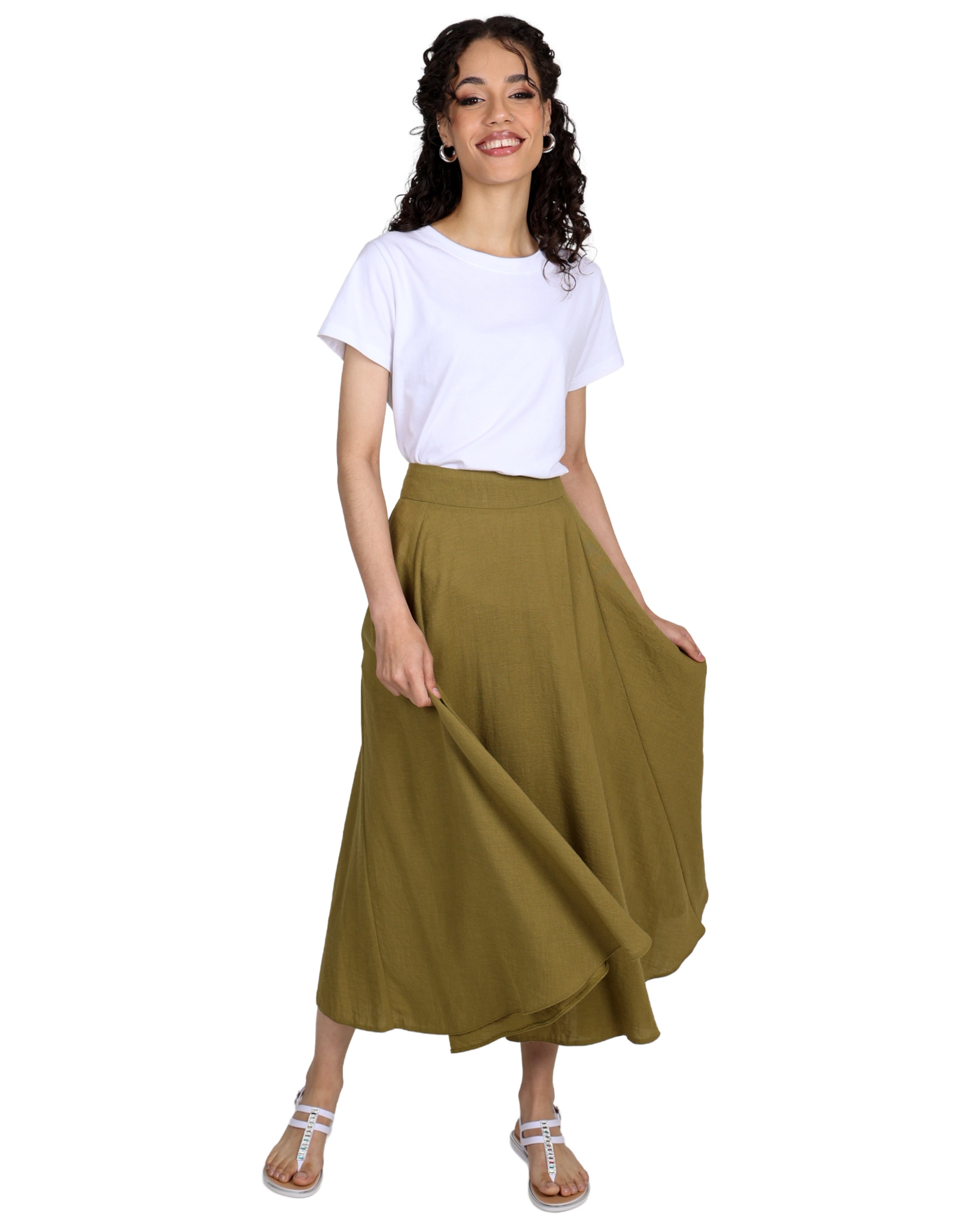Olive Flared Midi Skirt