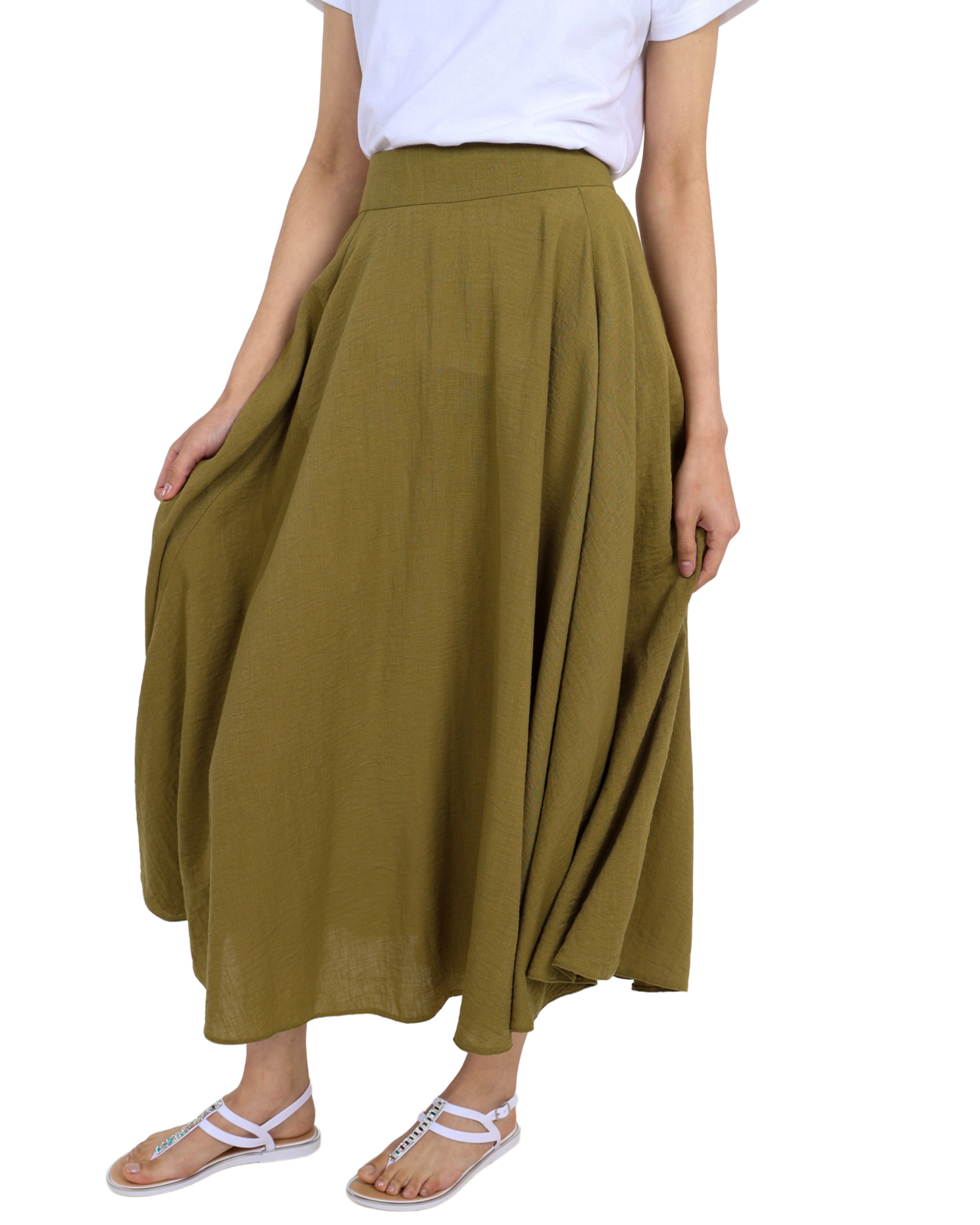 Olive Flared Midi Skirt
