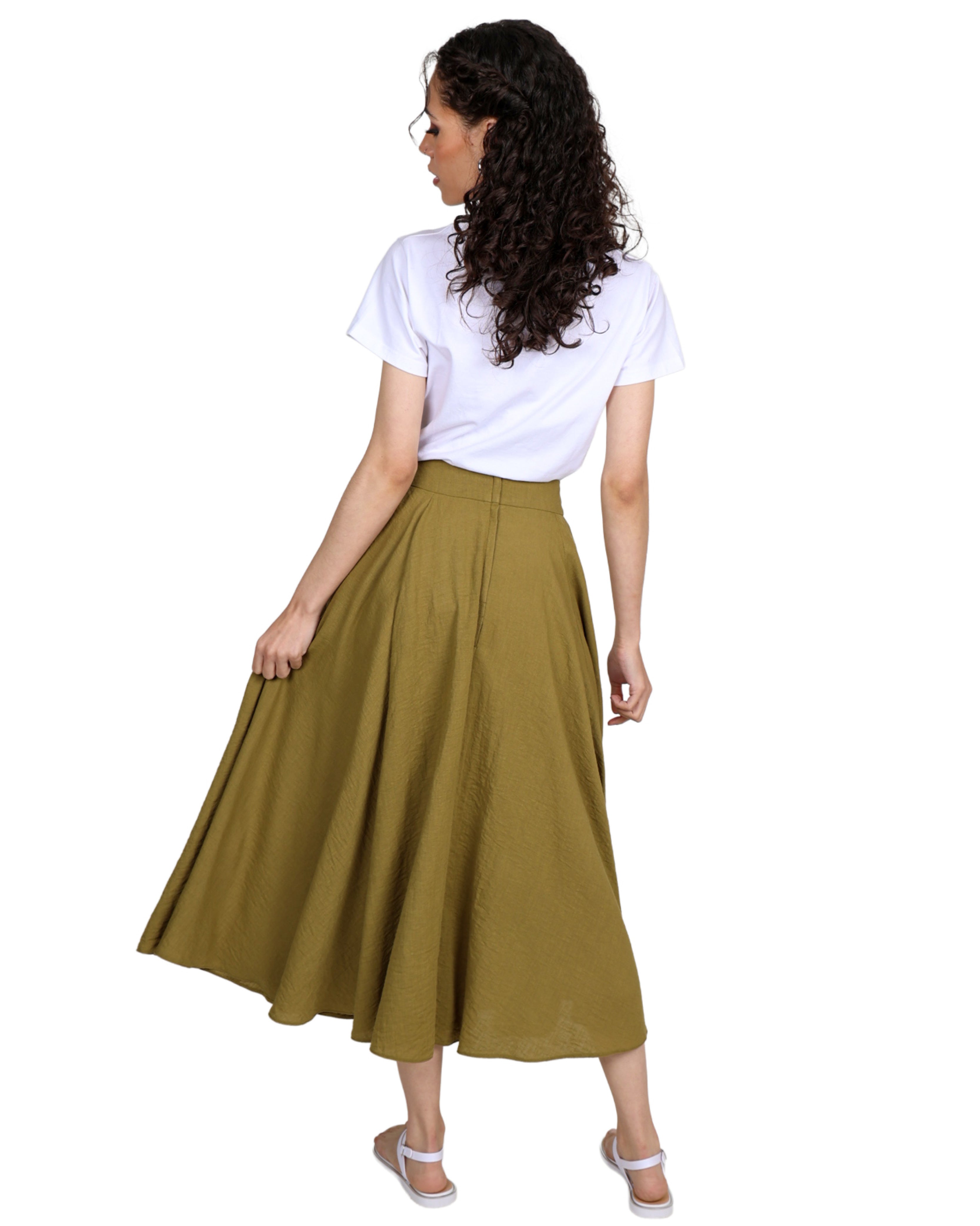 Olive Flared Midi Skirt