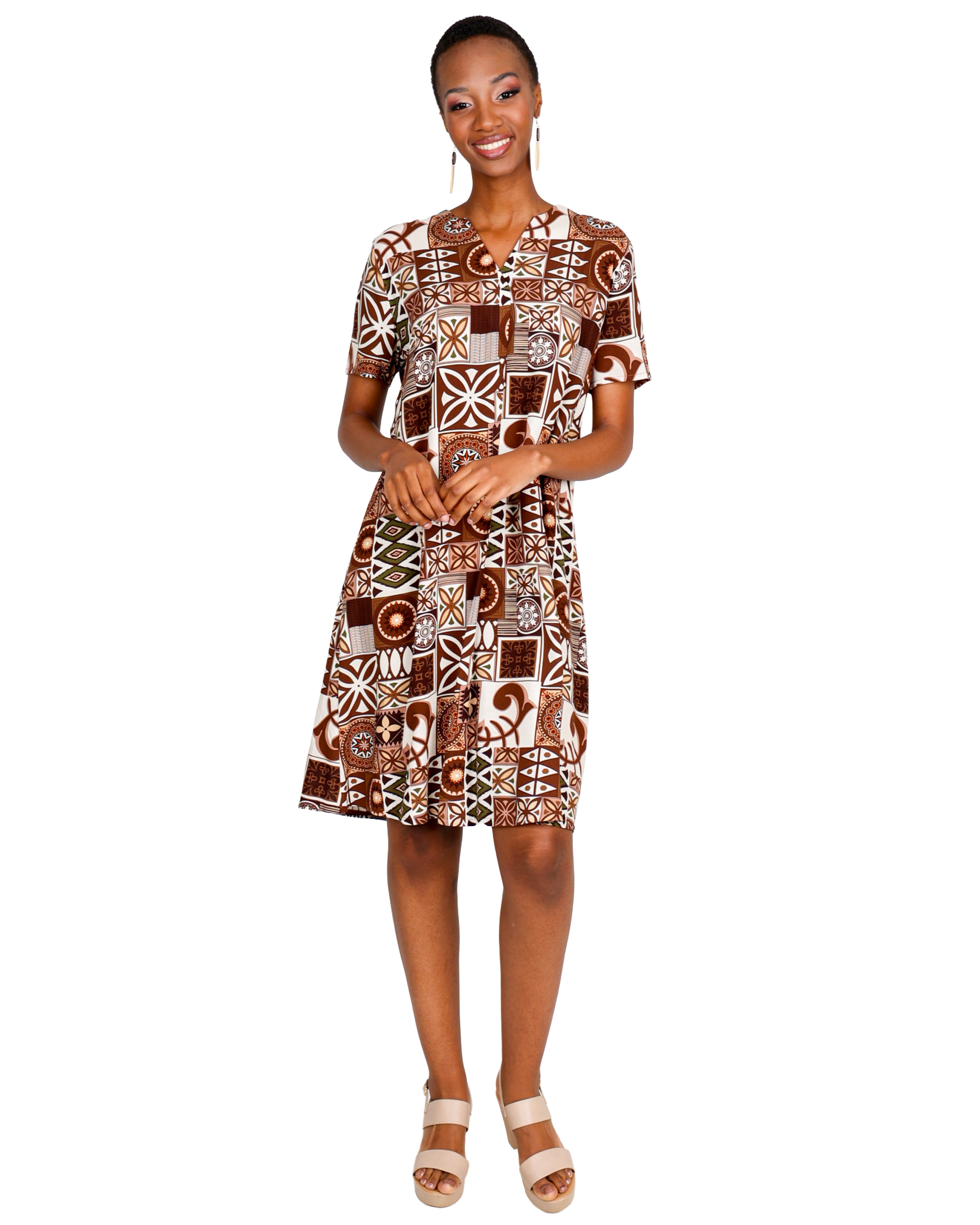 Short Sleeve Tile Print Shift Dress